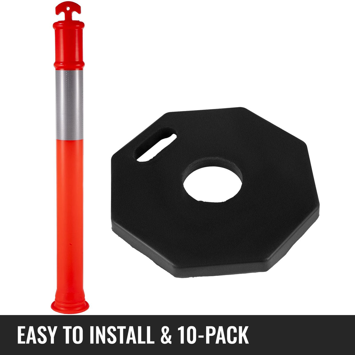 10Pack Traffic Delineator Posts 44 Inch Height, PE Channelizer Cones Post Kit 10 inch Reflective Band, Delineators Post with Rubber Base 16 inch for Construction Sites, Facility Management etc.