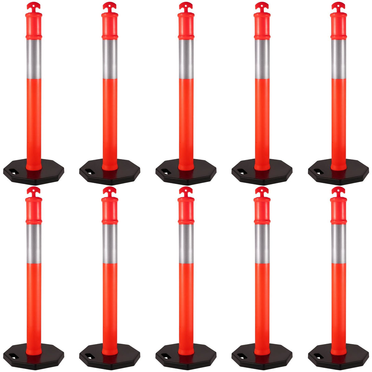 10Pack Traffic Delineator Posts 44 Inch Height, PE Channelizer Cones Post Kit 10 inch Reflective Band, Delineators Post with Rubber Base 16 inch for Construction Sites, Facility Management etc.