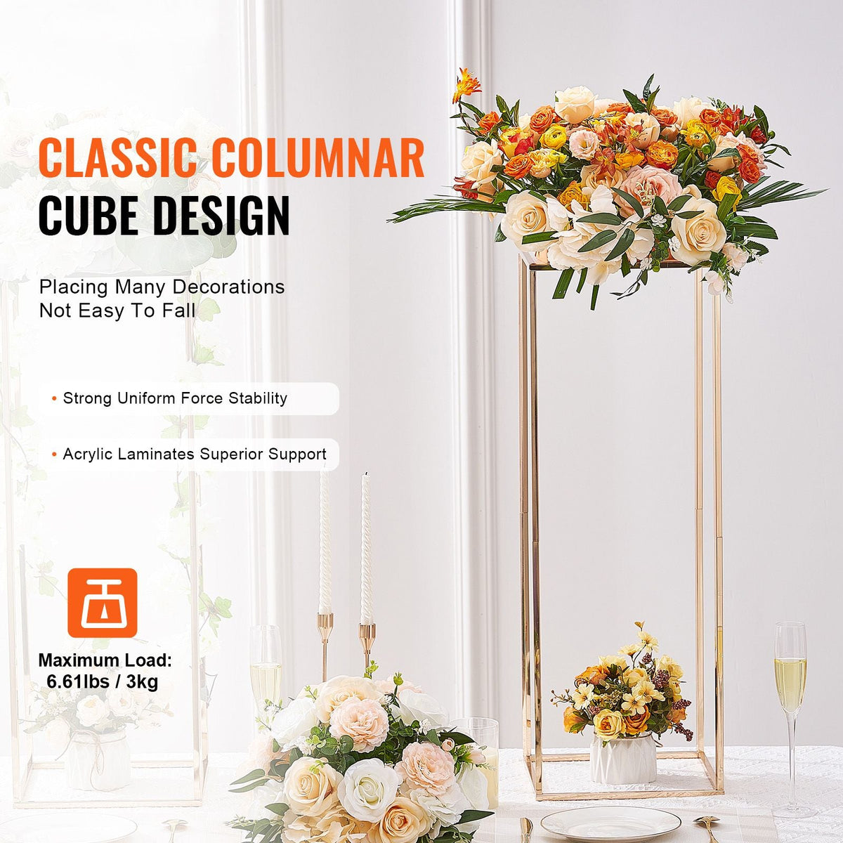 10PCS 31.5inch High Wedding Flower Stand, With Acrylic Laminate,Metal Vase Column Geometric Centerpiece Stands, Gold Rectangular Floral Display Rack for Events Reception, Party Decoration