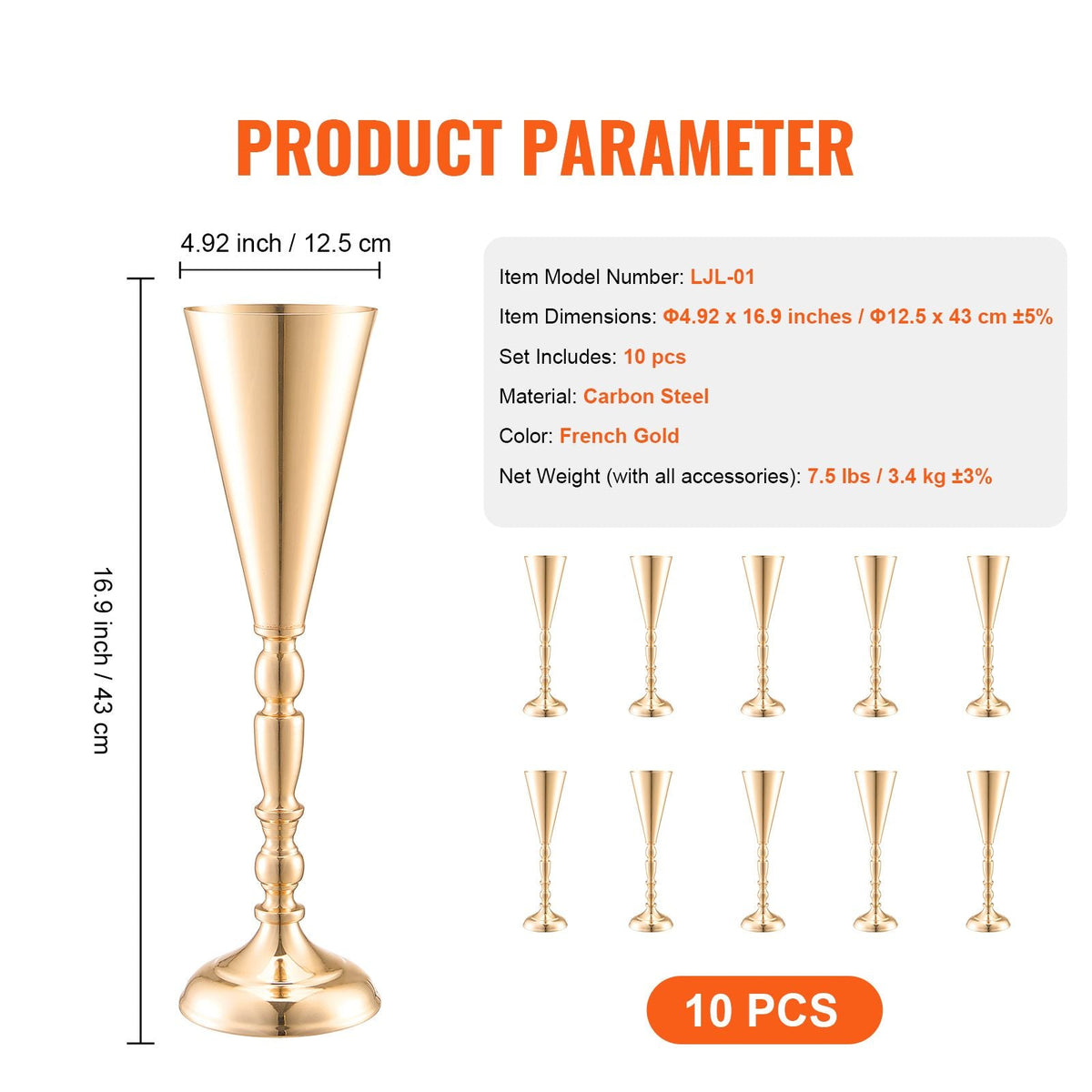 10PCS 43cm/16.9' Tall Wedding Flower Vase, Metal Wedding Trumpet Centerpiece, Gold Floral Stand Display Rack for Tables Wedding Dinner Party, Anniversary Ceremony Birthday Event Decor