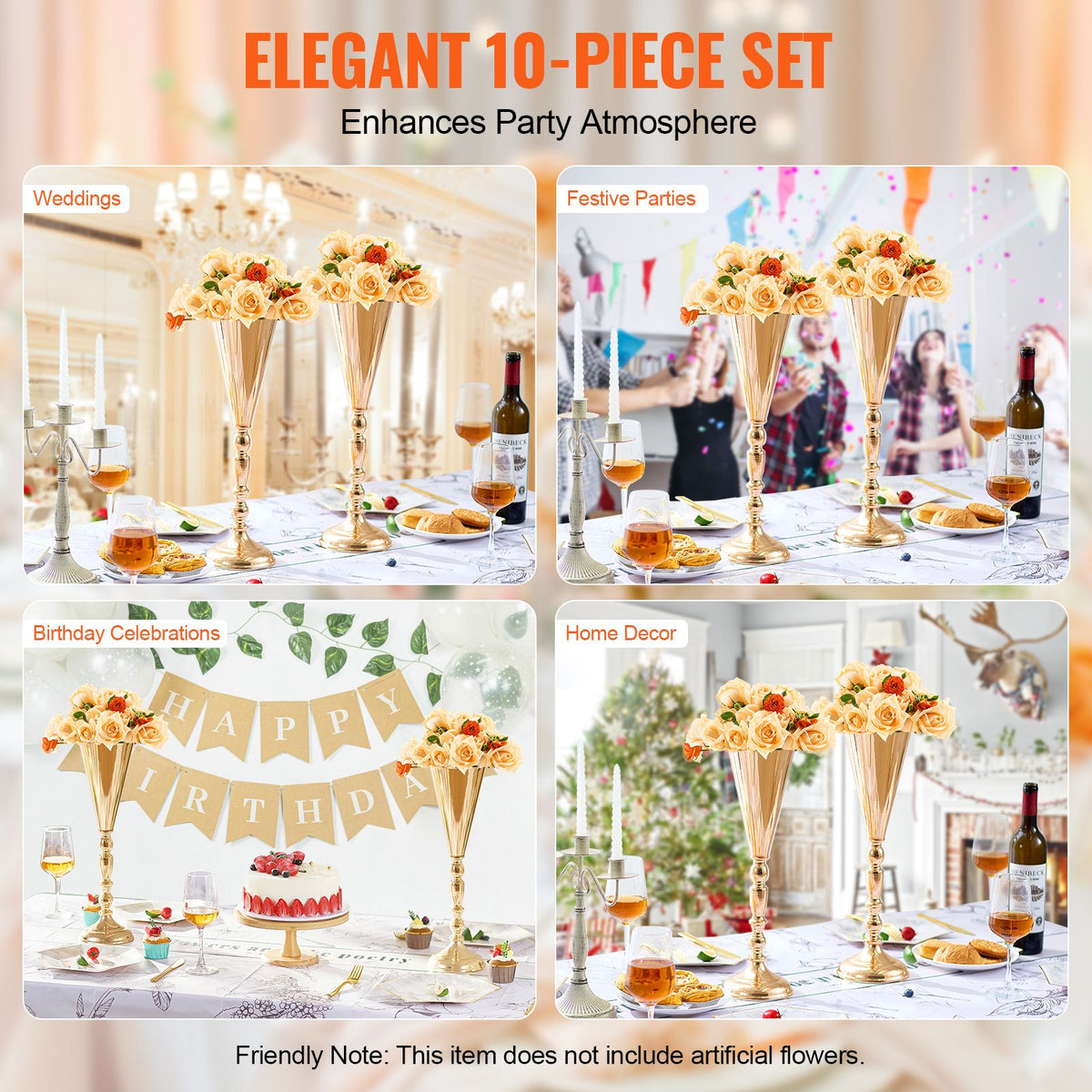 10PCS 43cm/16.9' Tall Wedding Flower Vase, Metal Wedding Trumpet Centerpiece, Gold Floral Stand Display Rack for Tables Wedding Dinner Party, Anniversary Ceremony Birthday Event Decor