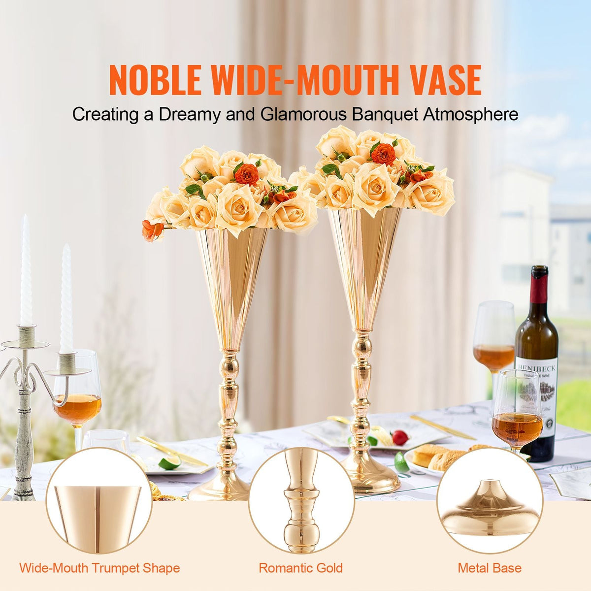 10PCS 43cm/16.9' Tall Wedding Flower Vase, Metal Wedding Trumpet Centerpiece, Gold Floral Stand Display Rack for Tables Wedding Dinner Party, Anniversary Ceremony Birthday Event Decor