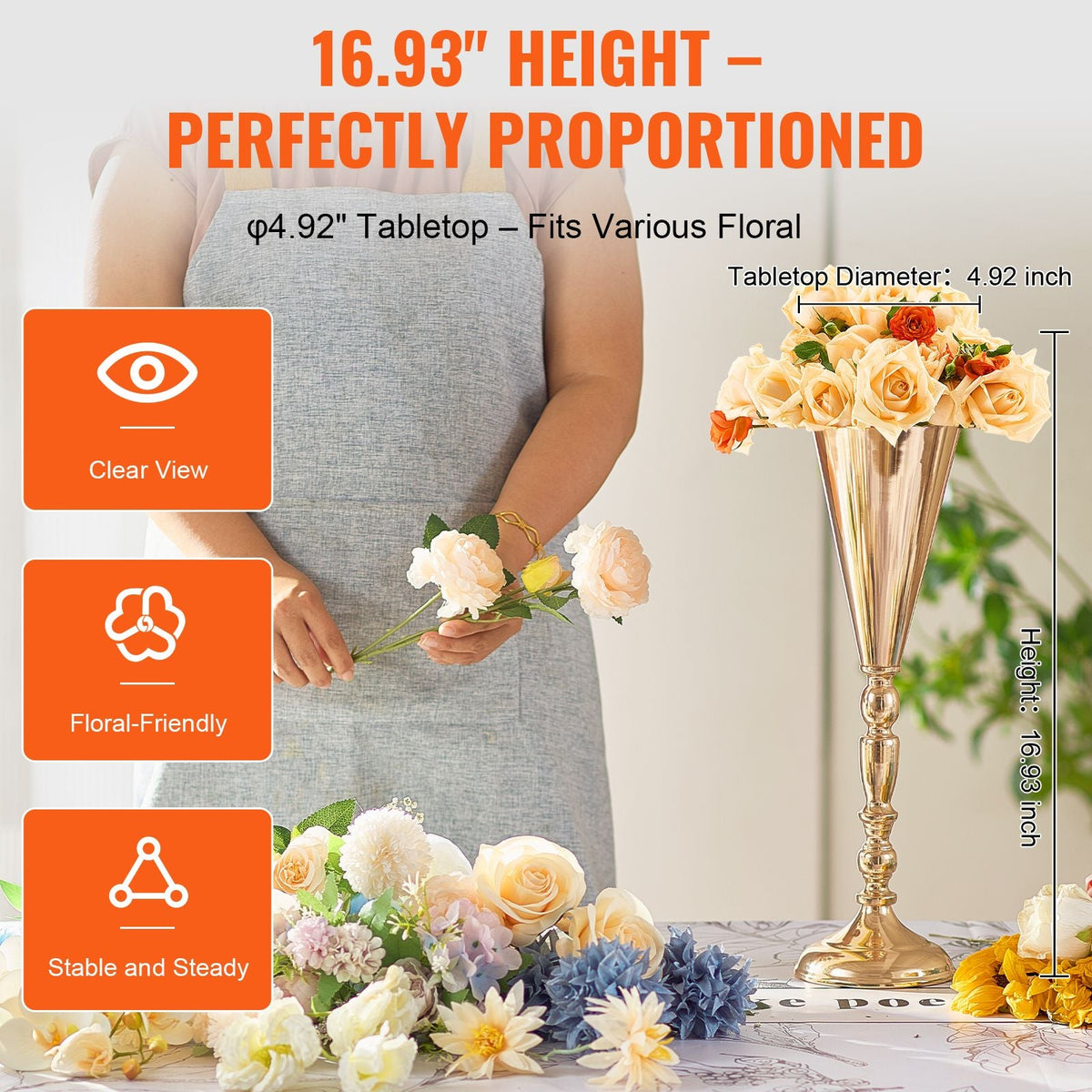 10PCS 43cm/16.9' Tall Wedding Flower Vase, Metal Wedding Trumpet Centerpiece, Gold Floral Stand Display Rack for Tables Wedding Dinner Party, Anniversary Ceremony Birthday Event Decor