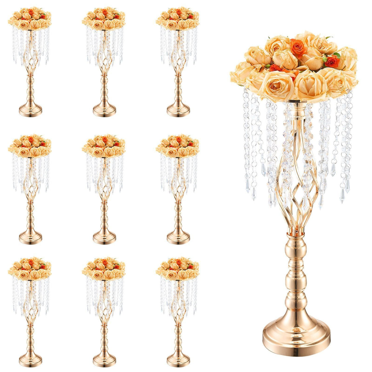 10PCS 55cm/21.65' Tall Crystal Wedding Flower Stand, Metal Wedding Centerpiece Vase, Gold Flower Holders Floral Display Rack for Tables Wedding Dinner Party, Ceremony Birthday Event Decor