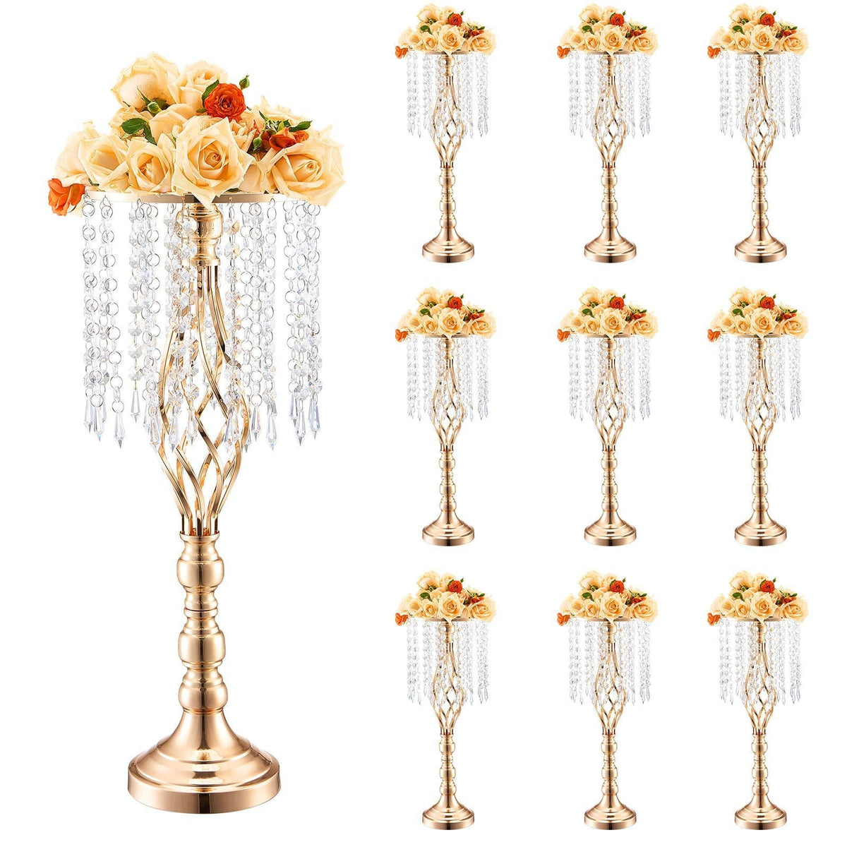 10PCS 55cm/21.65' Tall Crystal Wedding Flower Stand, Metal Wedding Centerpiece Vase, Gold Flower Holders Floral Display Rack for Tables Wedding Dinner Party, Ceremony Birthday Event Decor