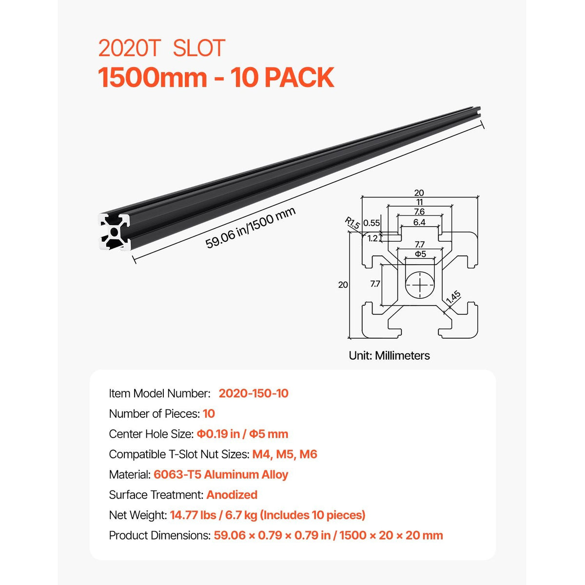 10PCS 59 in (1500 mm) T Slot 2020 Aluminum Extrusion Profile, European Standard Anodized Linear Rail, High-Strength Extruded Aluminum Rail for 3D Printer, CNC Machine DIY, Laser Engraving, Black