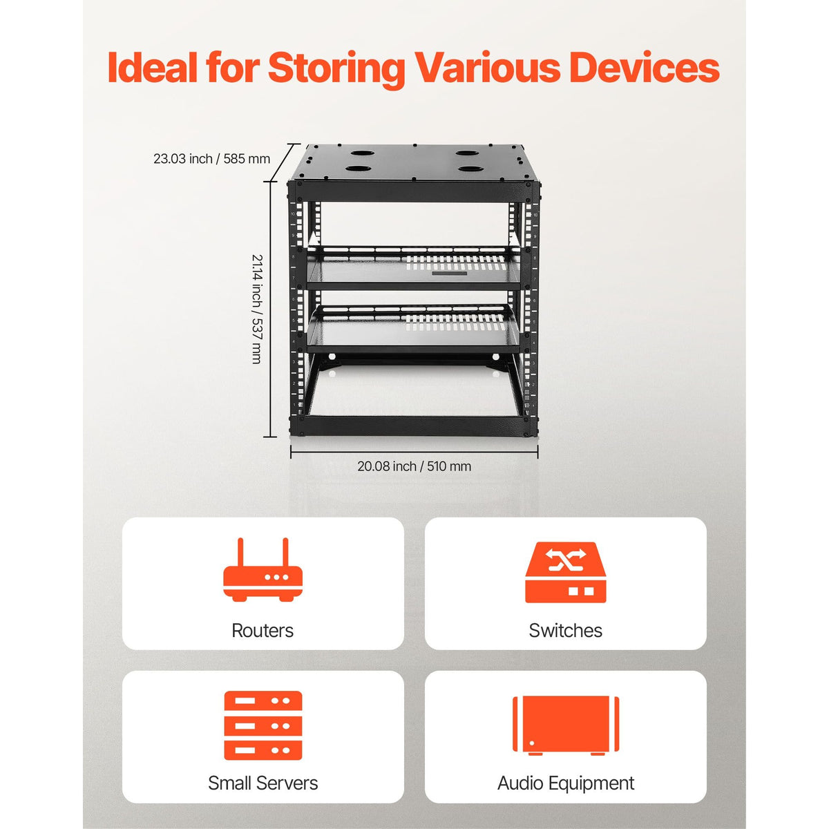 10U Open Frame Network Rack, 23 in Depth, Wall Mounted or Floor Standing Server Rack, Heavy Duty 4 Post, with Vented Shelves & Mounting Hardware, Holds All Your Networking IT Equipment AV Gear