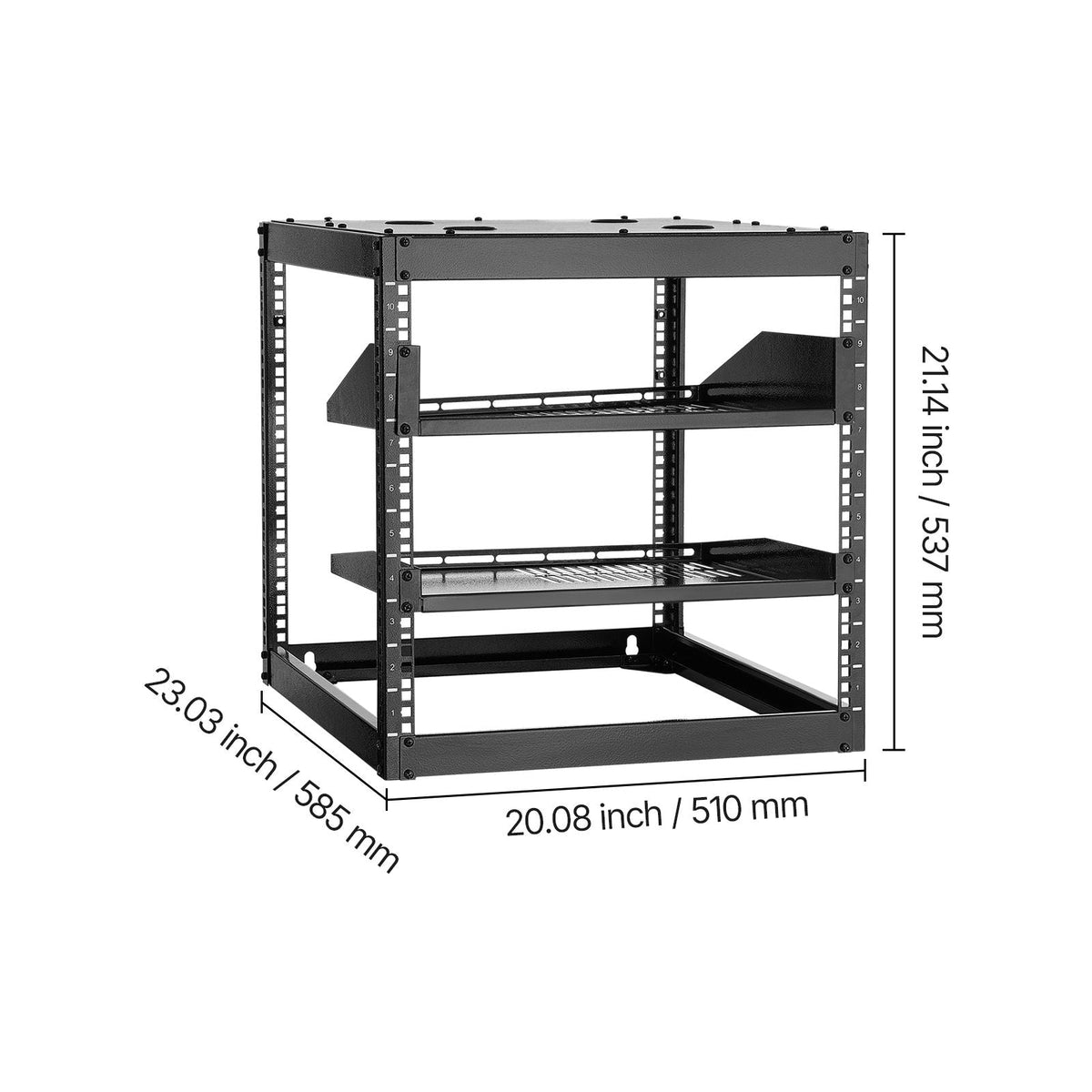 10U Open Frame Network Rack, 23 in Depth, Wall Mounted or Floor Standing Server Rack, Heavy Duty 4 Post, with Vented Shelves & Mounting Hardware, Holds All Your Networking IT Equipment AV Gear
