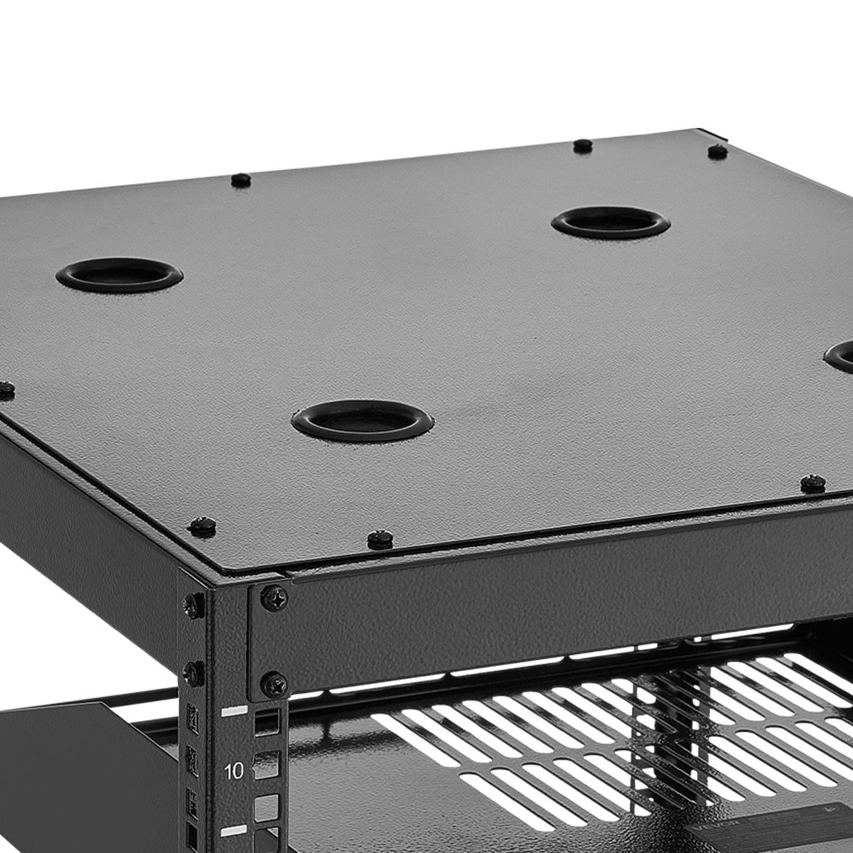 10U Open Frame Network Rack, 23 in Depth, Wall Mounted or Floor Standing Server Rack, Heavy Duty 4 Post, with Vented Shelves & Mounting Hardware, Holds All Your Networking IT Equipment AV Gear