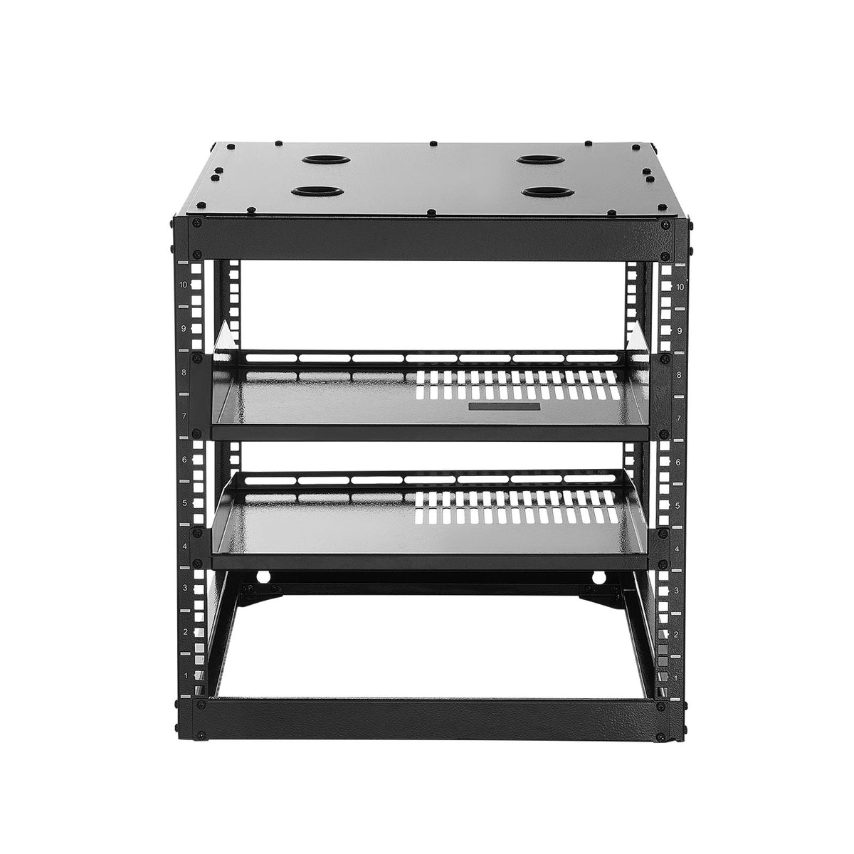10U Open Frame Network Rack, 23 in Depth, Wall Mounted or Floor Standing Server Rack, Heavy Duty 4 Post, with Vented Shelves & Mounting Hardware, Holds All Your Networking IT Equipment AV Gear