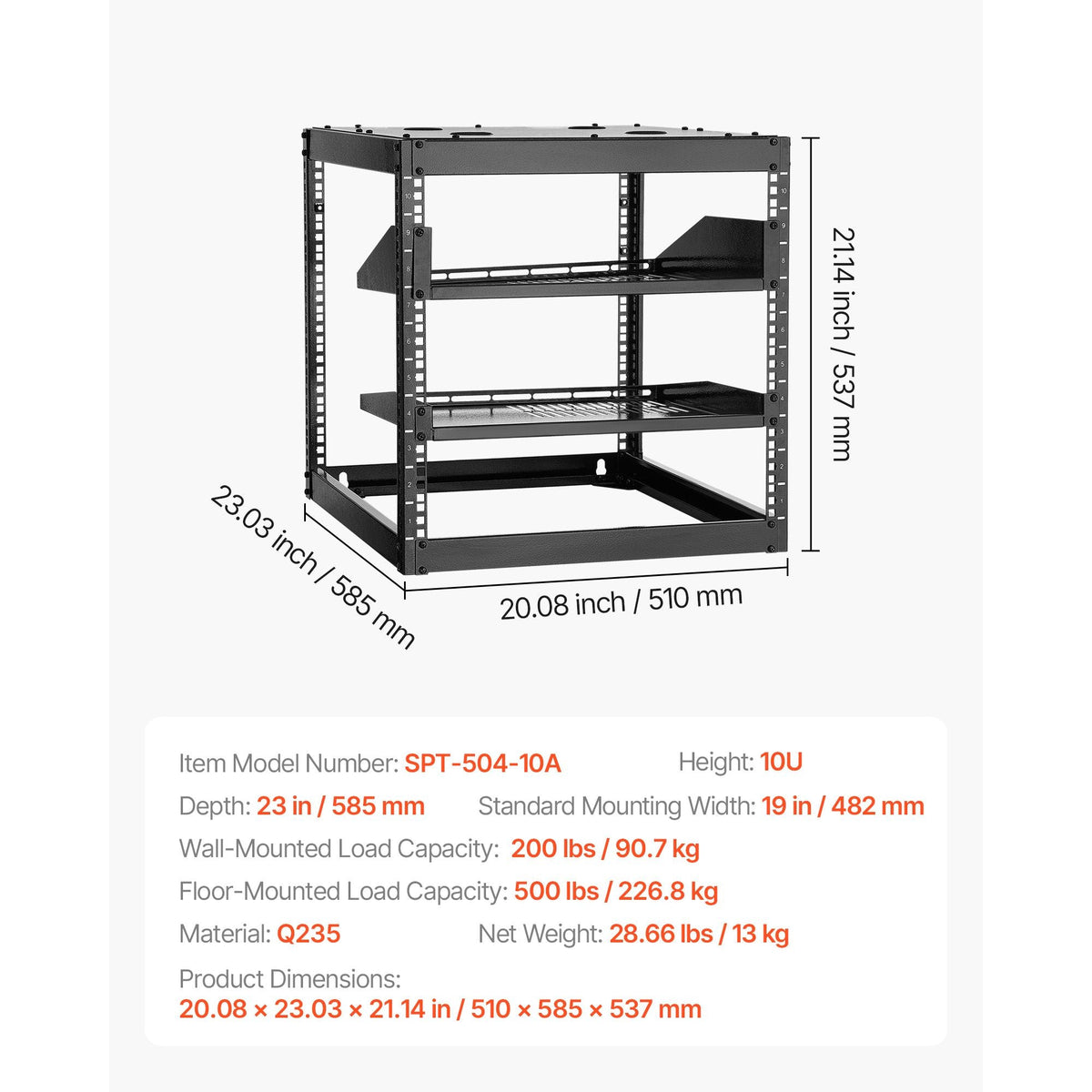 10U Open Frame Network Rack, 23 in Depth, Wall Mounted or Floor Standing Server Rack, Heavy Duty 4 Post, with Vented Shelves & Mounting Hardware, Holds All Your Networking IT Equipment AV Gear