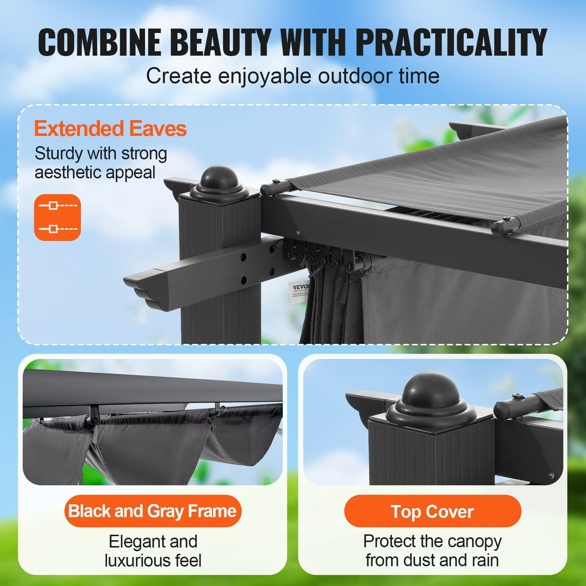 10'x10' Outdoor Retractable Pergola with Canopy, Aluminum Pergola with Retractable Canopy, Modern Pergola with Sun Shade Canopy for Patios, Gardens, Decks, Backyards (Gray)