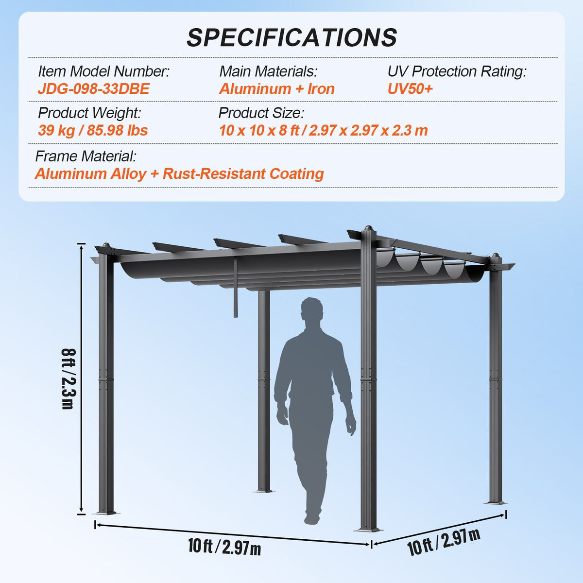 10'x10' Outdoor Retractable Pergola with Canopy, Aluminum Pergola with Retractable Canopy, Modern Pergola with Sun Shade Canopy for Patios, Gardens, Decks, Backyards (Gray)