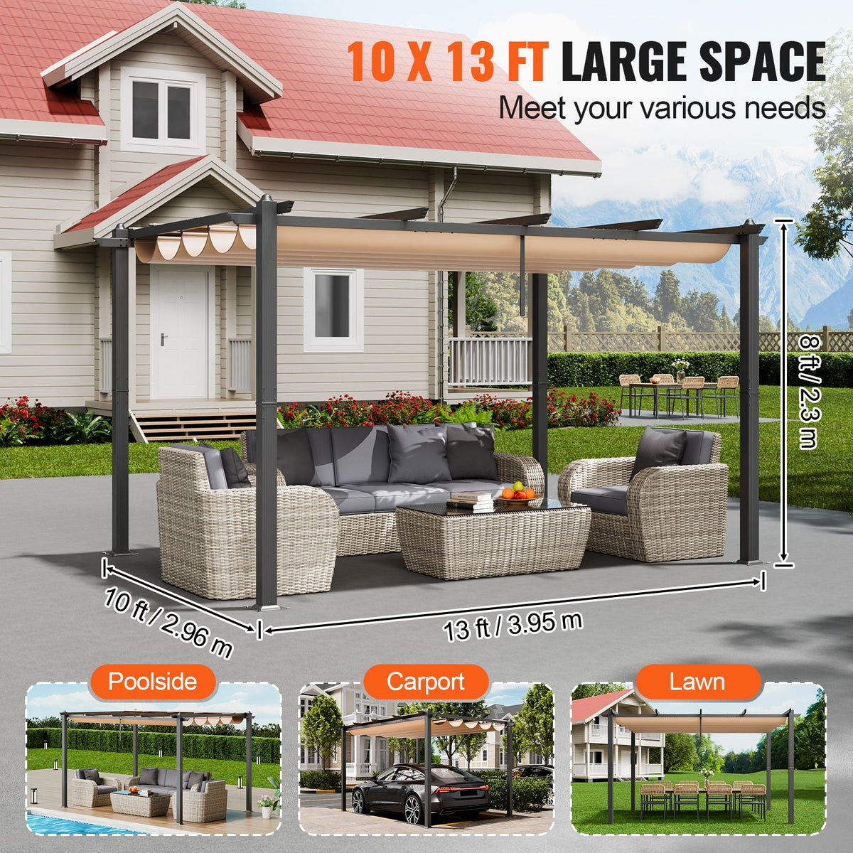 10'x13' Outdoor Retractable Pergola with Canopy, Aluminum Pergola with Retractable Canopy, Modern Pergola with Sun Shade Canopy for Patios, Gardens, Decks, Backyards (Beige)