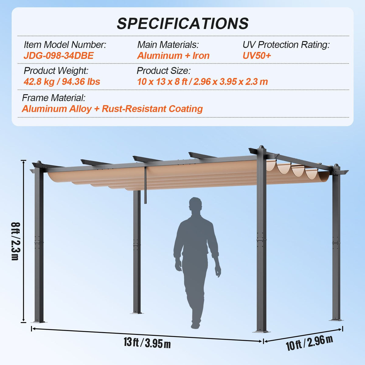 10'x13' Outdoor Retractable Pergola with Canopy, Aluminum Pergola with Retractable Canopy, Modern Pergola with Sun Shade Canopy for Patios, Gardens, Decks, Backyards (Beige)
