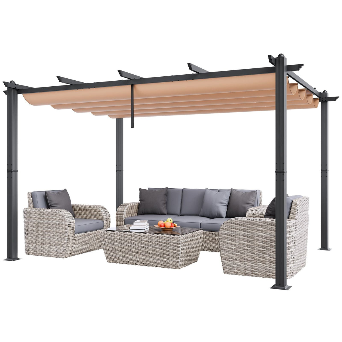10'x13' Outdoor Retractable Pergola with Canopy, Aluminum Pergola with Retractable Canopy, Modern Pergola with Sun Shade Canopy for Patios, Gardens, Decks, Backyards (Beige)