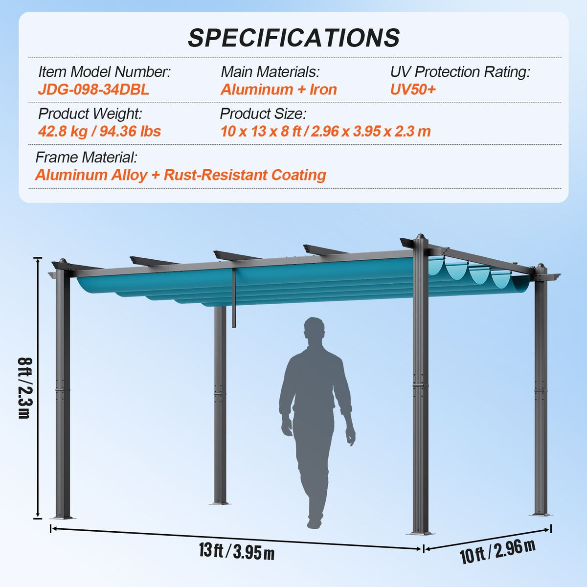 10'x13' Outdoor Retractable Pergola with Canopy, Aluminum Pergola with Retractable Canopy, Modern Pergola with Sun Shade Canopy for Patios, Gardens, Decks, Backyards (Bule)