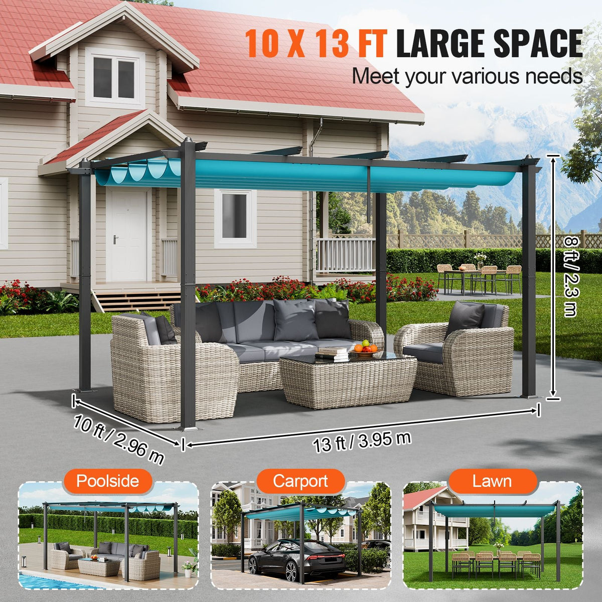 10'x13' Outdoor Retractable Pergola with Canopy, Aluminum Pergola with Retractable Canopy, Modern Pergola with Sun Shade Canopy for Patios, Gardens, Decks, Backyards (Bule)