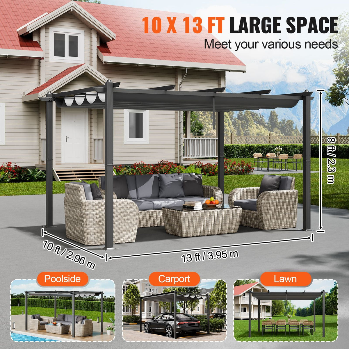10'x13' Outdoor Retractable Pergola with Canopy, Aluminum Pergola with Retractable Canopy, Modern Pergola with Sun Shade Canopy for Patios, Gardens, Decks, Backyards (Gray)