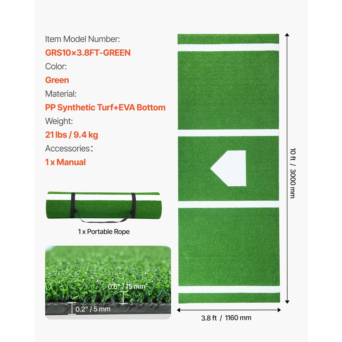 10x3.8 ft Baseball Softball Hitting Batting Mat, Indoor/Outdoor Anti-Slip Anti-Fade Softball Mat, Lined & Foam Backing Training Aid with Tightening Rope, Portable Practice Mats, Green