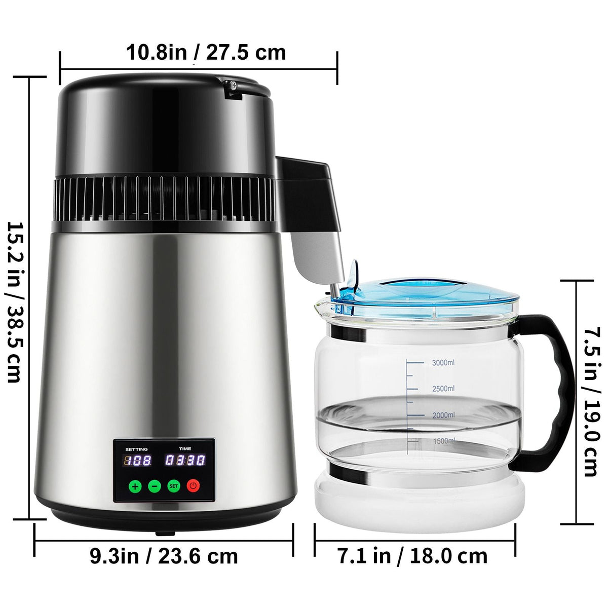 1.1 Gal Water Distiller, 0.3 Gal/H, 750W Distilled Water Maker Machine 0-99H Timing Set Temp Display, 304 Stainless Steel Countertop Distiller Glass Carafe Cleaning Powder 3 Carbon Packs, Silver