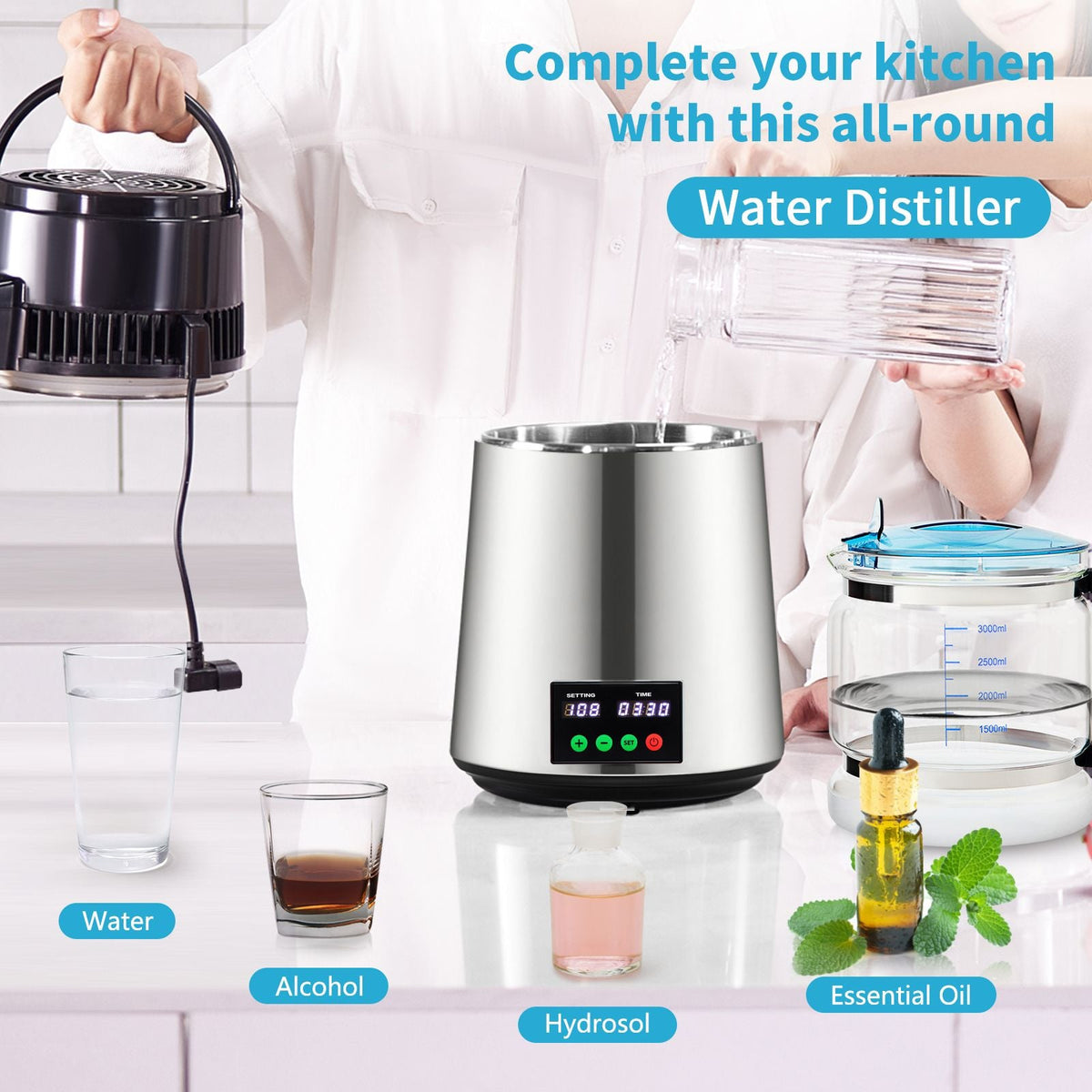 1.1 Gal Water Distiller, 0.3 Gal/H, 750W Distilled Water Maker Machine 0-99H Timing Set Temp Display, 304 Stainless Steel Countertop Distiller Glass Carafe Cleaning Powder 3 Carbon Packs, Silver