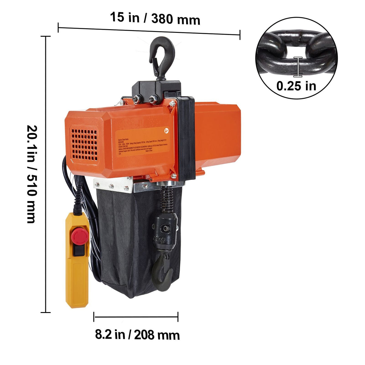 1100 lbs Electric Chain Hoist 15 FT Lifting Height, 120V Electric Hoist, Single Phase Overhead Crane with G100 Chain, 10 ft Wired Remote Control for Garage, Shop, Hotel, Home