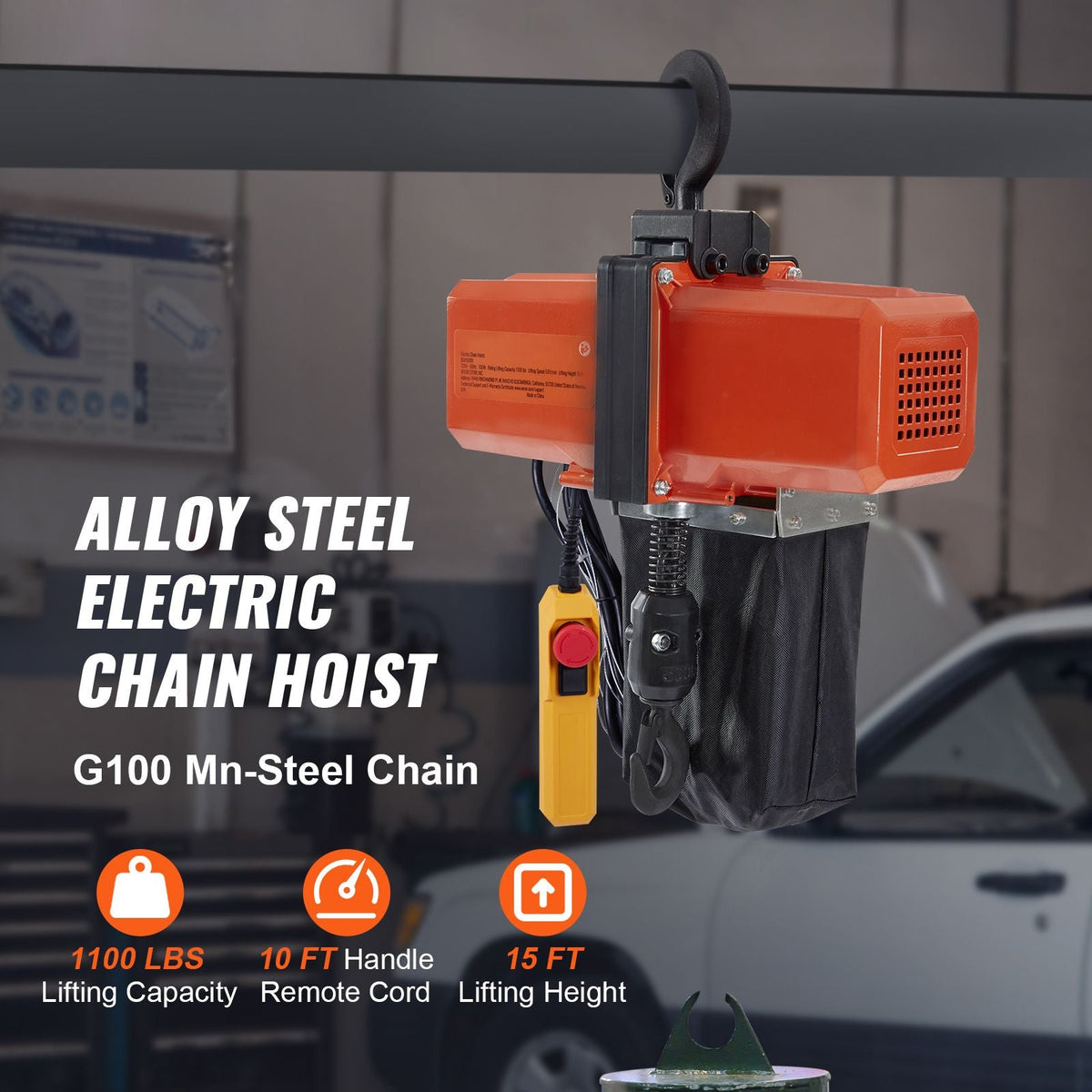 1100 lbs Electric Chain Hoist 15 FT Lifting Height, 120V Electric Hoist, Single Phase Overhead Crane with G100 Chain, 10 ft Wired Remote Control for Garage, Shop, Hotel, Home