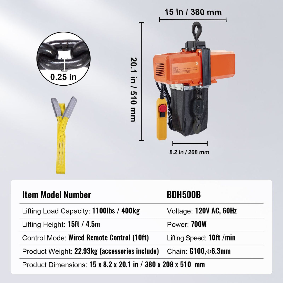 1100 lbs Electric Chain Hoist 15 FT Lifting Height, 120V Electric Hoist, Single Phase Overhead Crane with G100 Chain, 10 ft Wired Remote Control for Garage, Shop, Hotel, Home