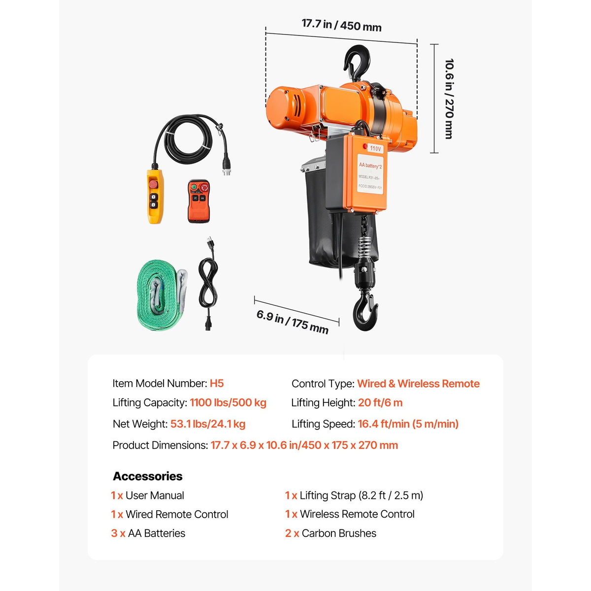 1100 lbs Electric Chain Hoist, 20 ft Lifting Height, 120V Single Phase Overhead Crane with 328 ft Wireless & 15 ft Wired Remote Control, Power Electric Hoist for Factories, Warehouses, Garages