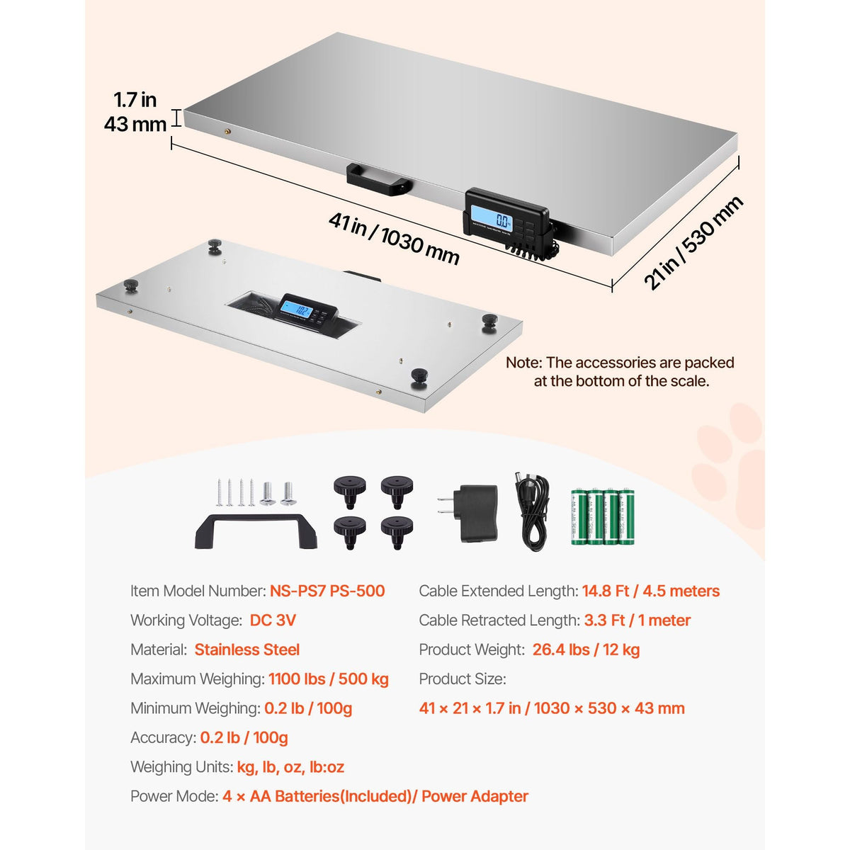 1100Lbs x 0.2Lbs Digital Livestock Scale Large Pet Vet Scale Stainless Steel Platform Electronic Postal Shipping Scale Heavy Duty Large Dog Hog Sheep Goat Pig Sheep Scale