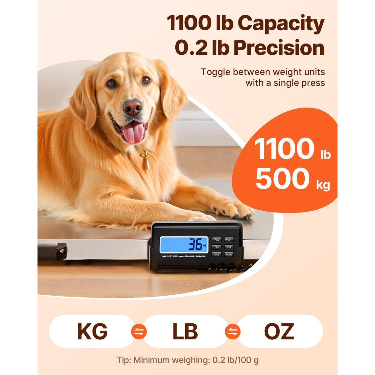 1100Lbs x 0.2Lbs Digital Livestock Scale Large Pet Vet Scale Stainless Steel Platform Electronic Postal Shipping Scale Heavy Duty Large Dog Hog Sheep Goat Pig Sheep Scale