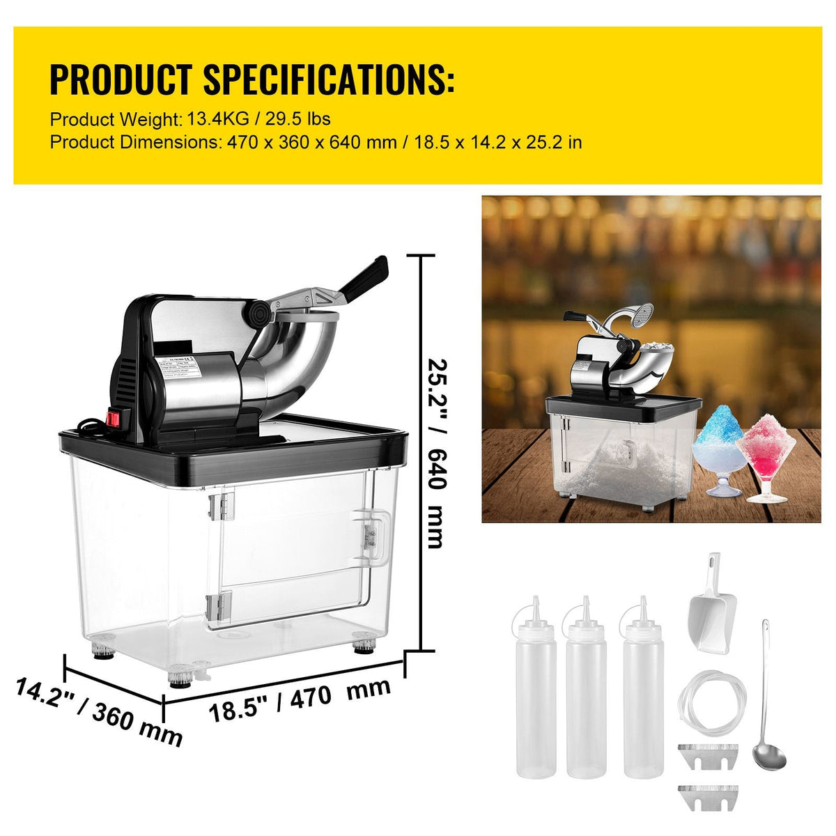 110V Commercial Ice Crusher 440LBS/H, ETL Approved 300W Electric Snow Cone Machine with Dual Blades, Stainless Steel Shaved Ice Machine with Safety On/Off Switch for Family, Restaurants, Bars