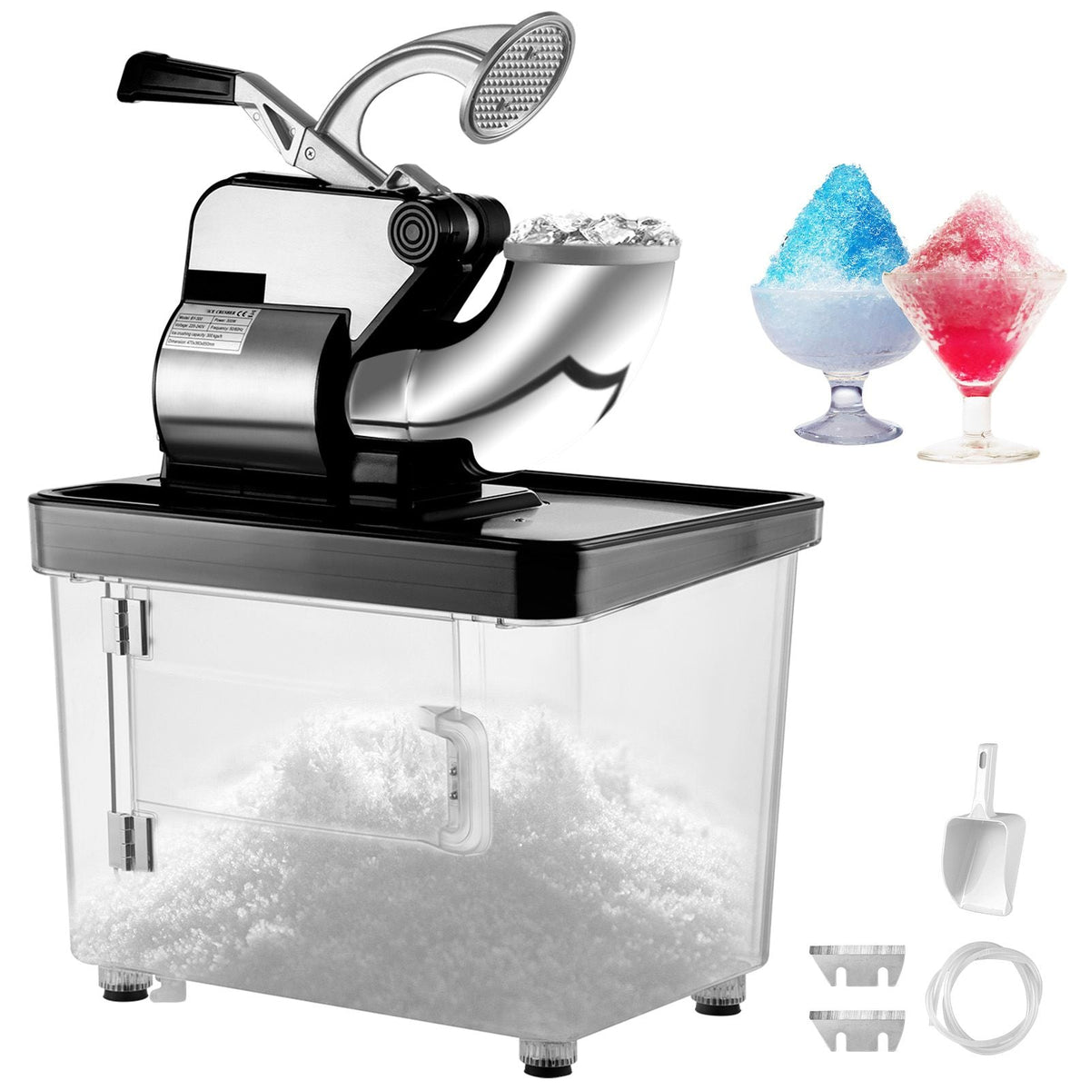 110V Commercial Ice Crusher 440LBS/H, ETL Approved 300W Electric Snow Cone Machine with Dual Blades, Stainless Steel Shaved Ice Machine with Safety On/Off Switch for Family, Restaurants, Bars