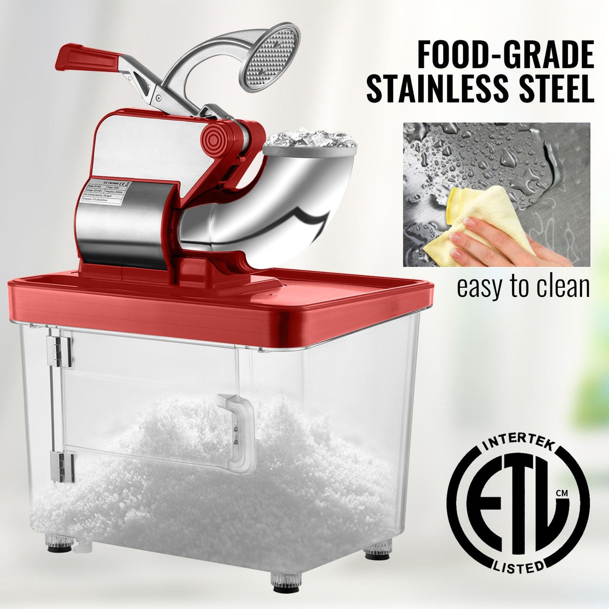 110V Commercial Ice Crusher 440LBS/H, ETL Approved 300W Electric Snow Cone Machine with Dual Blades, Stainless Steel Shaved Ice Machine with Safety On/Off Switch for Family, Restaurants, Bars