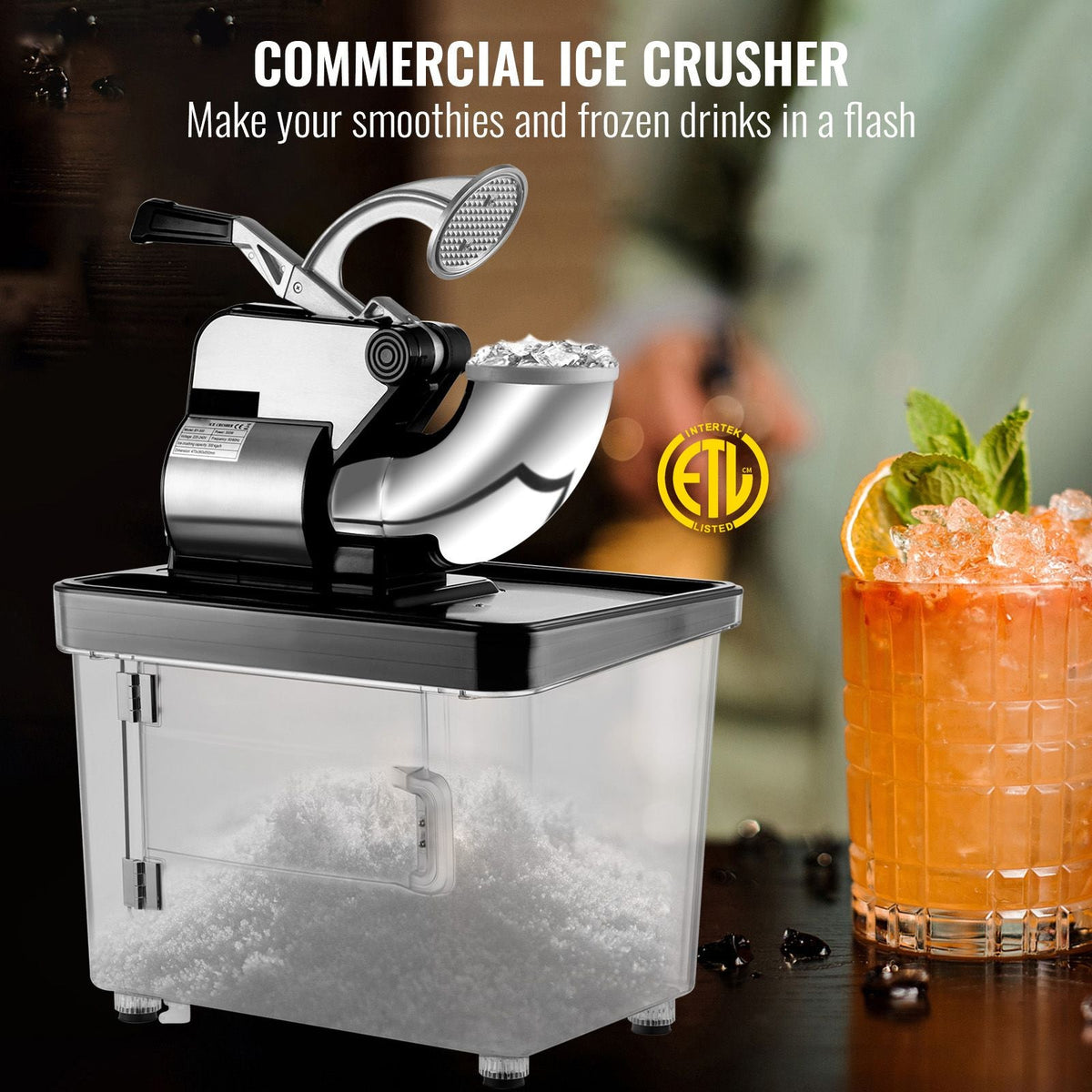110V Commercial Ice Crusher 440LBS/H, ETL Approved 300W Electric Snow Cone Machine with Dual Blades, Stainless Steel Shaved Ice Machine with Safety On/Off Switch for Family, Restaurants, Bars