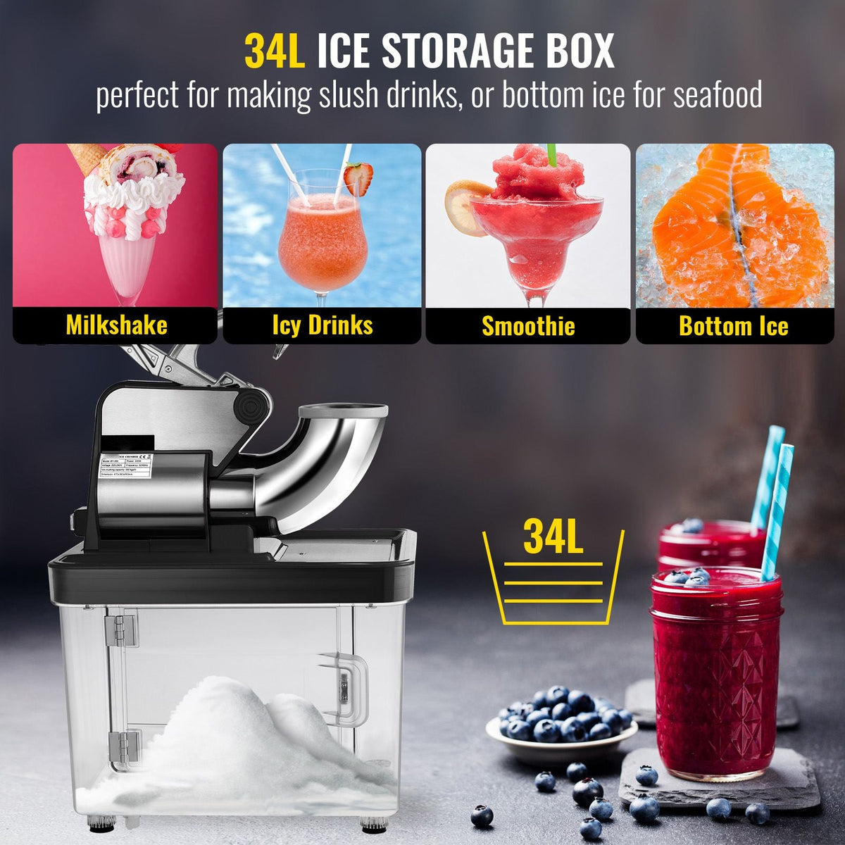 110V Commercial Ice Crusher 440LBS/H, ETL Approved 300W Electric Snow Cone Machine with Dual Blades, Stainless Steel Shaved Ice Machine with Safety On/Off Switch for Family, Restaurants, Bars