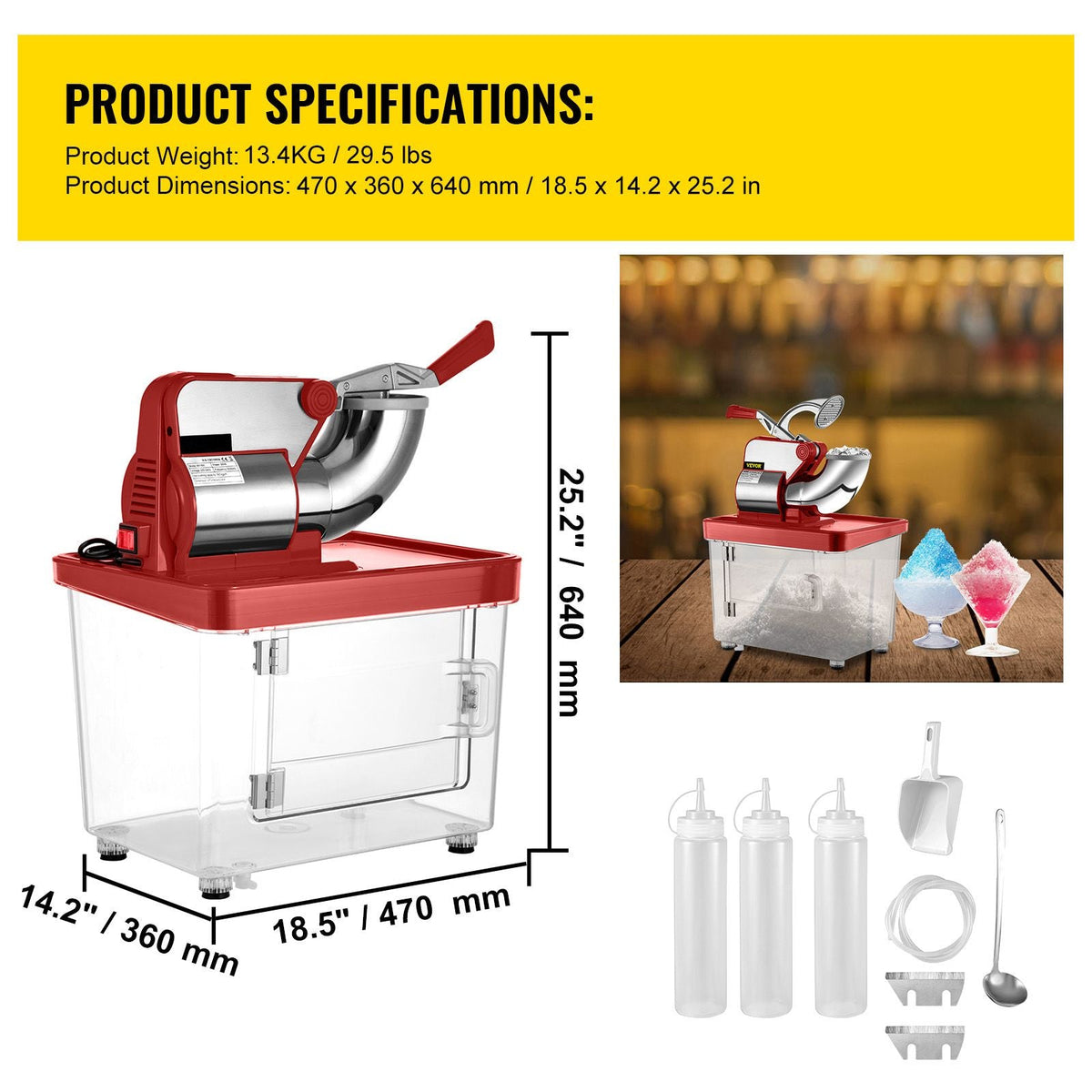 110V Commercial Ice Crusher 440LBS/H, ETL Approved 300W Electric Snow Cone Machine with Dual Blades, Stainless Steel Shaved Ice Machine with Safety On/Off Switch for Family, Restaurants, Bars