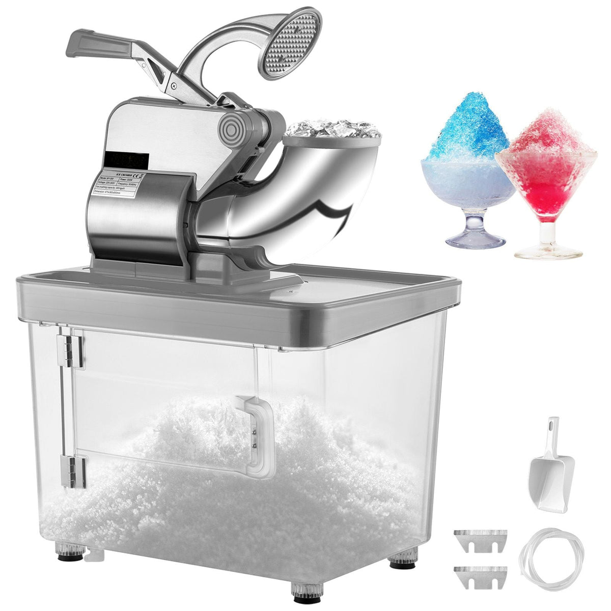 110V Commercial Ice Crusher 440LBS/H, ETL Approved 300W Electric Snow Cone Machine with Dual Blades, Stainless Steel Shaved Ice Machine with Safety On/Off Switch for Family, Restaurants, Bars