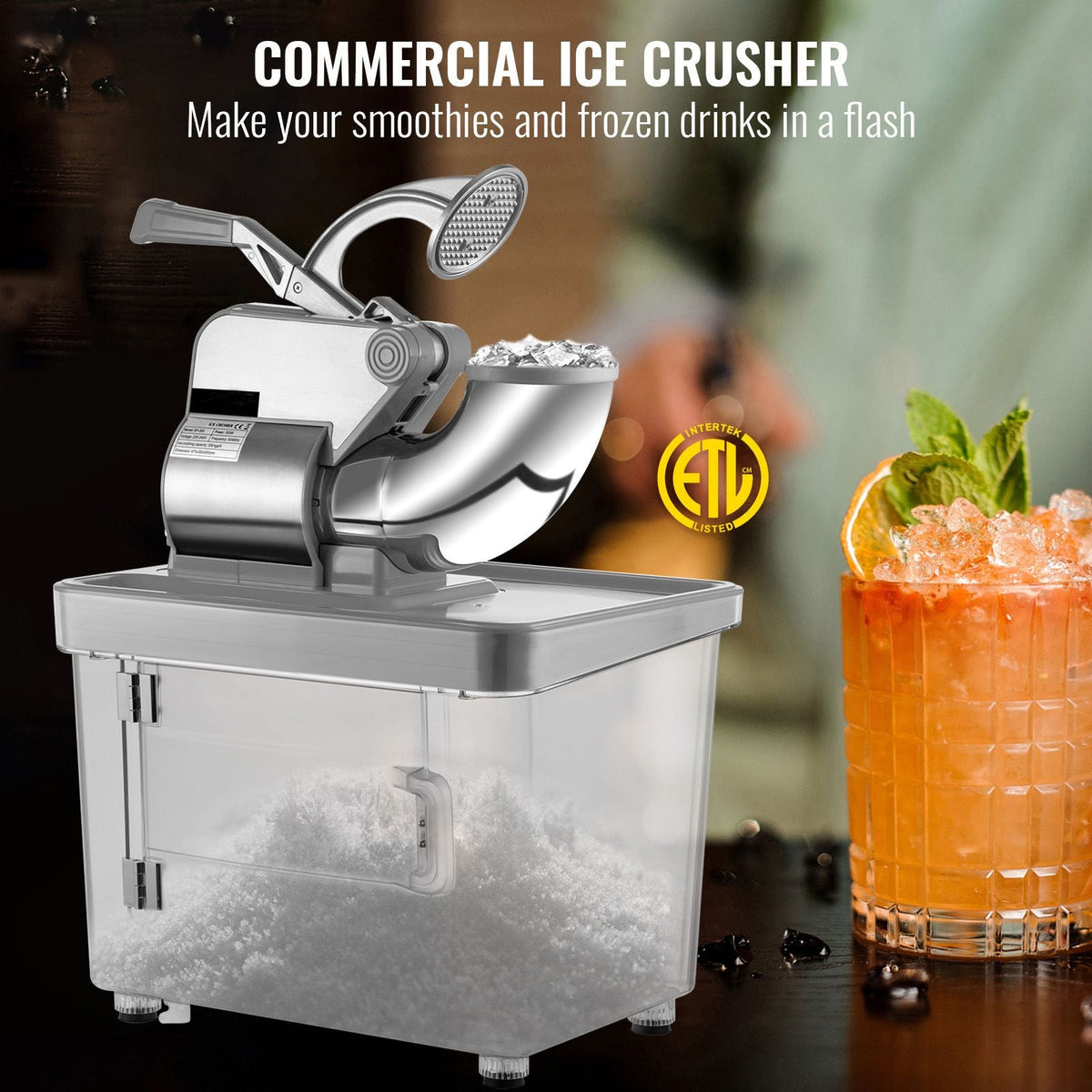 110V Commercial Ice Crusher 440LBS/H, ETL Approved 300W Electric Snow Cone Machine with Dual Blades, Stainless Steel Shaved Ice Machine with Safety On/Off Switch for Family, Restaurants, Bars