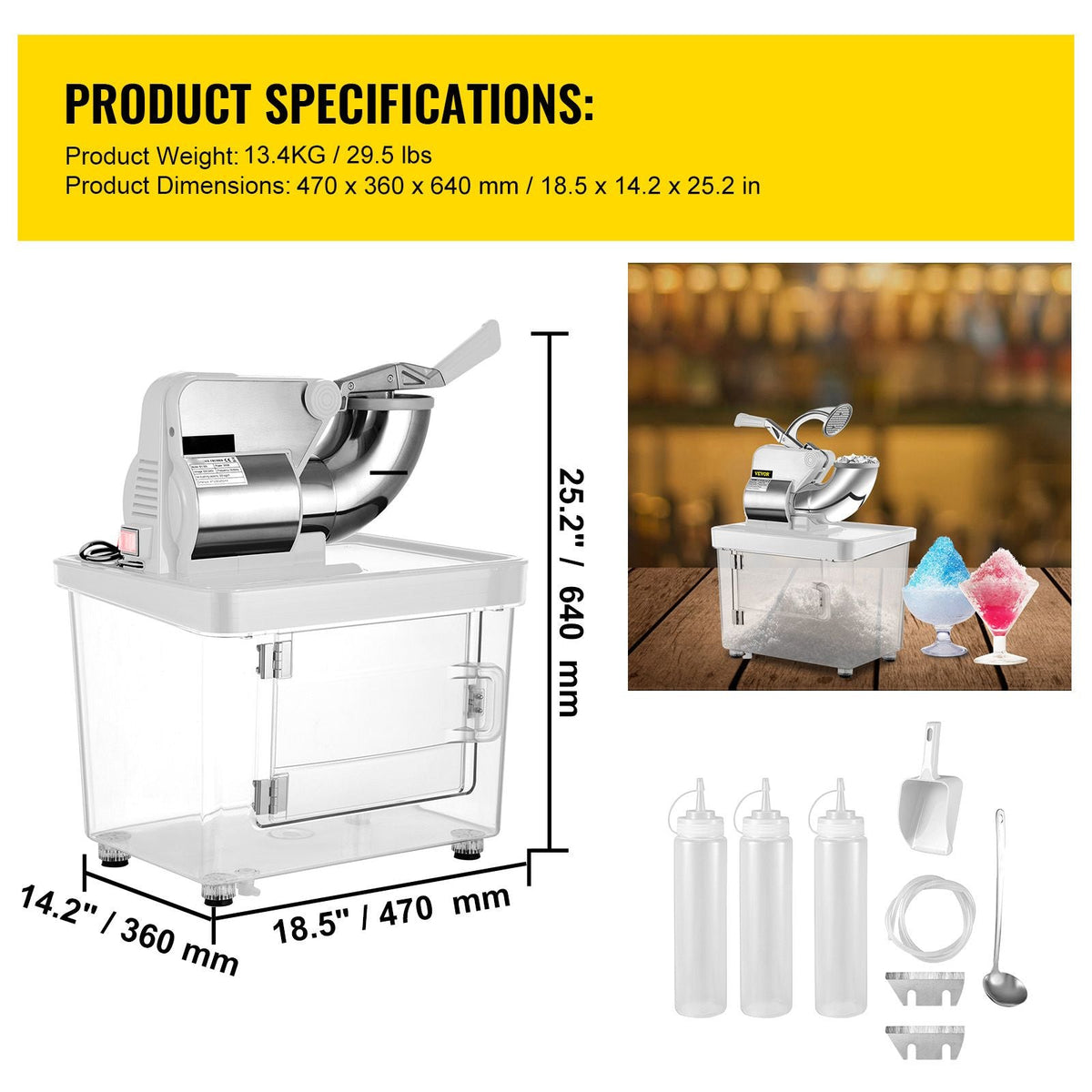 110V Commercial Ice Crusher 440LBS/H, ETL Approved 300W Electric Snow Cone Machine with Dual Blades, Stainless Steel Shaved Ice Machine with Safety On/Off Switch for Family, Restaurants, Bars