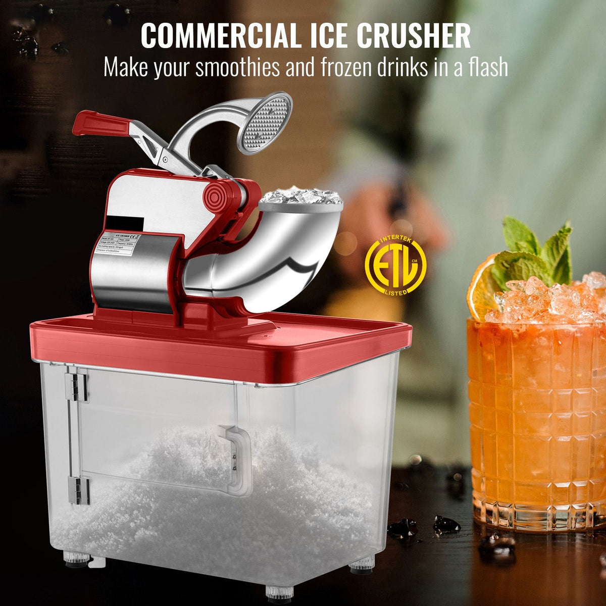 110V Commercial Ice Crusher 440LBS/H, ETL Approved 300W Electric Snow Cone Machine with Dual Blades, Stainless Steel Shaved Ice Machine with Safety On/Off Switch for Family, Restaurants, Bars