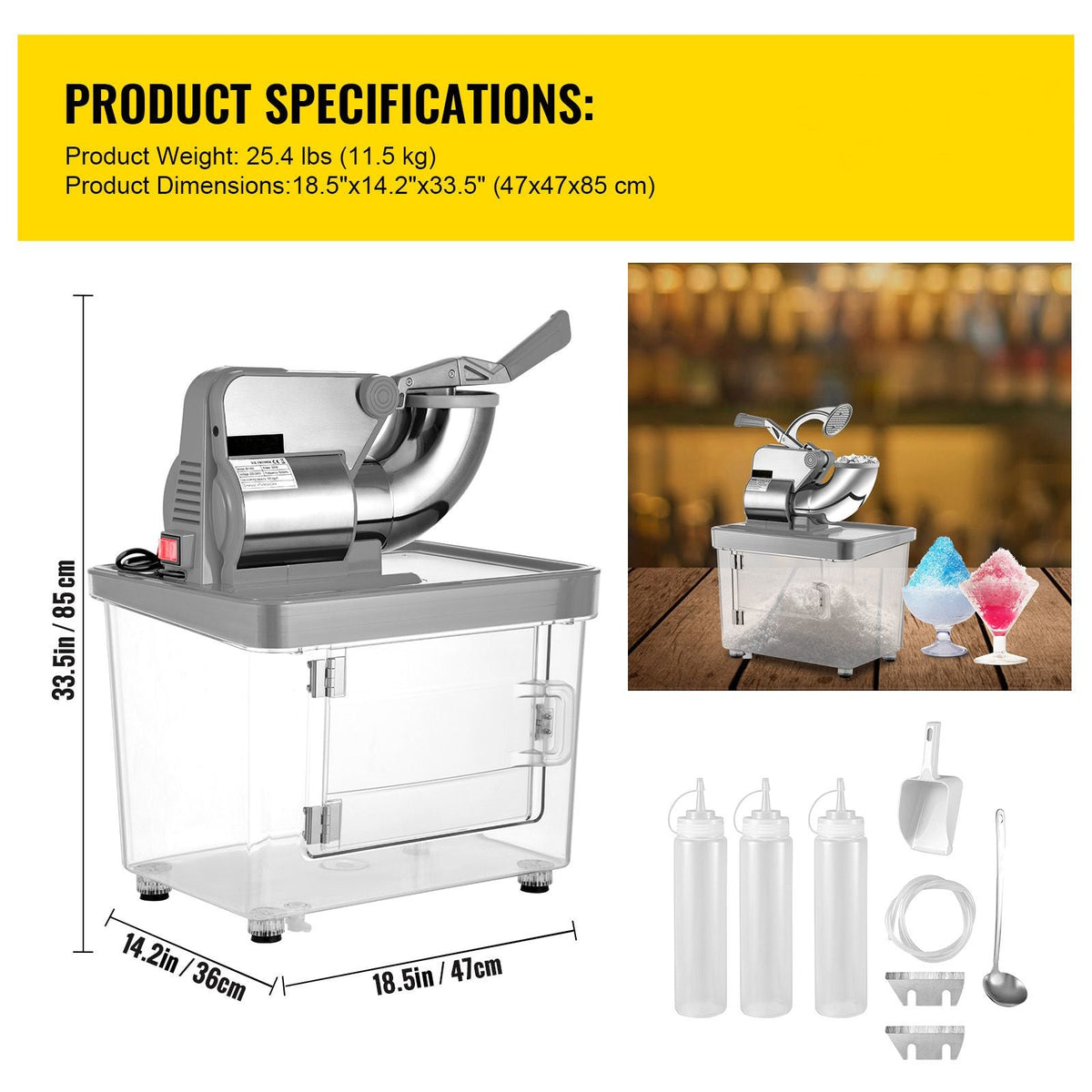 110V Commercial Ice Crusher 440LBS/H, ETL Approved 300W Electric Snow Cone Machine with Dual Blades, Stainless Steel Shaved Ice Machine with Safety On/Off Switch for Family, Restaurants, Bars