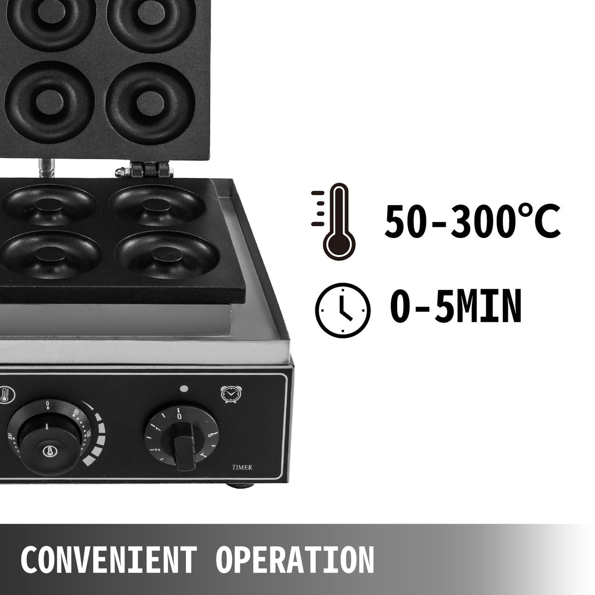 110V Commercial Waffle Donut Machine 6 Holes Double-Sided Heating 50-300Celsius, Electric Doughnut Maker 1550W, Non-stick Donut MakerTeflon-Coating (Depth:0.55\",Dia:2.95\")