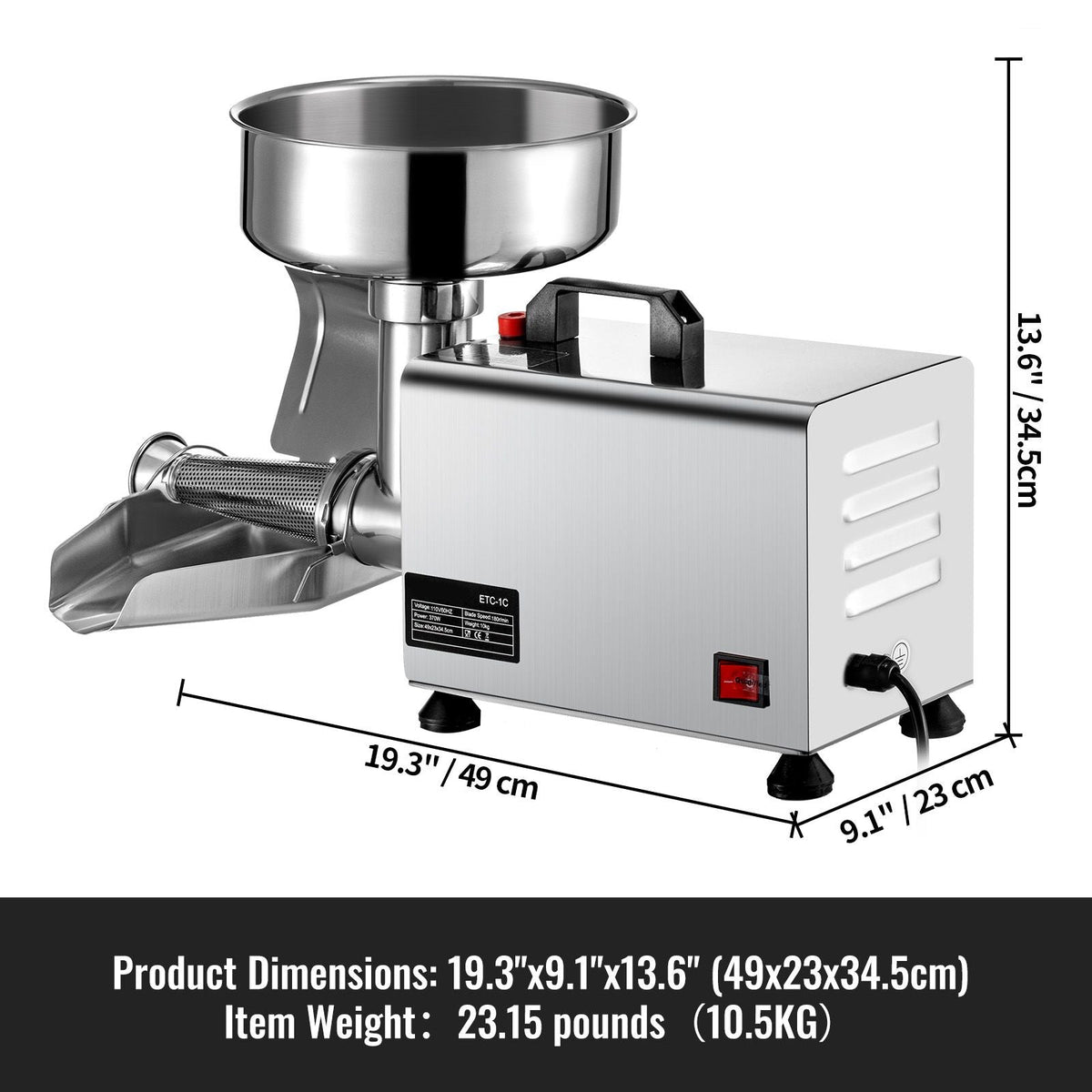 110V Electric Tomato Strainer 370W Commercial Grade Tomato Milling Machine Stainless Steel Tomato Press and Strainer 90-160 Kg/H Pure Copper Motor Food Strainer and Sauce Maker