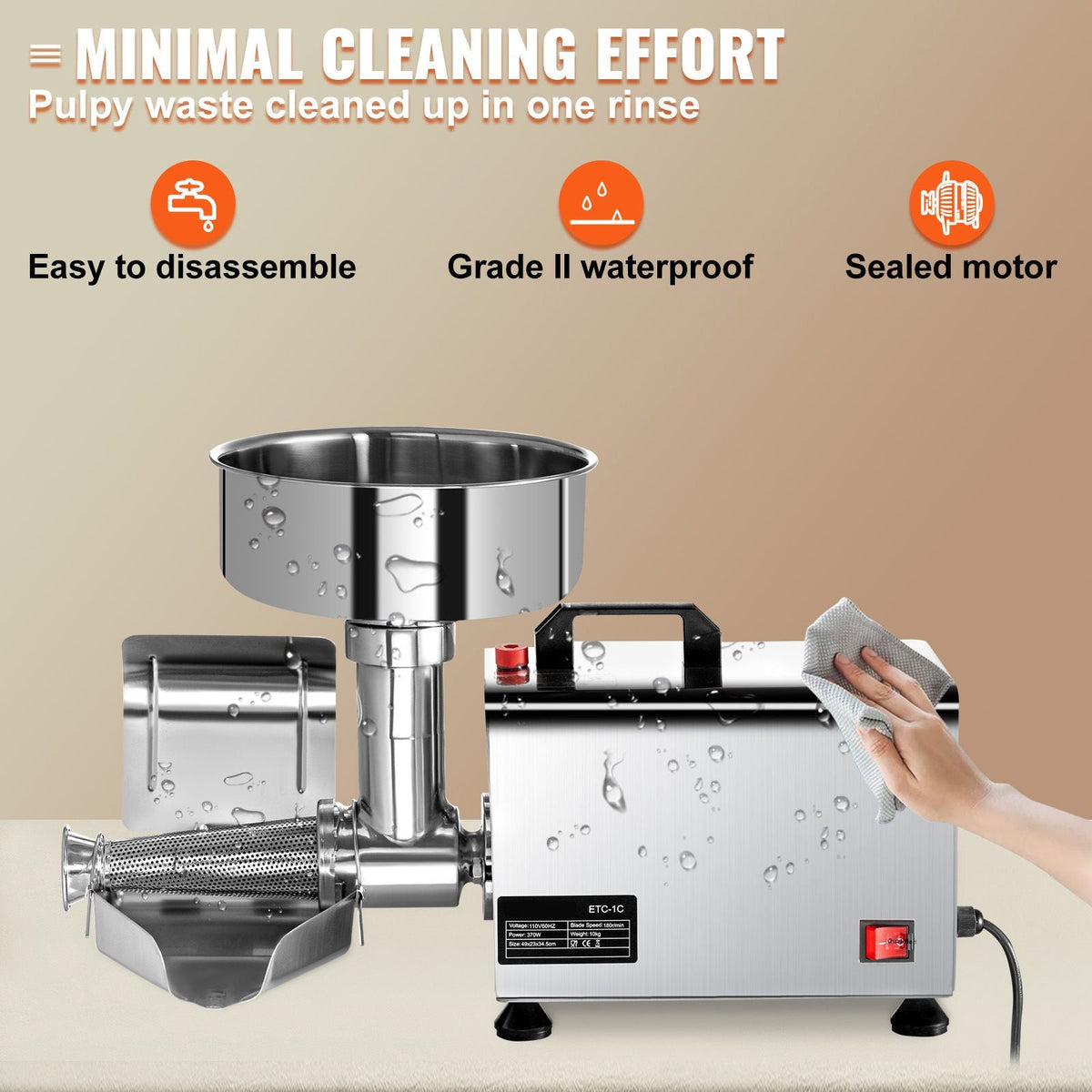 110V Electric Tomato Strainer 370W Commercial Grade Tomato Milling Machine Stainless Steel Tomato Press and Strainer 90-160 Kg/H Pure Copper Motor Food Strainer and Sauce Maker