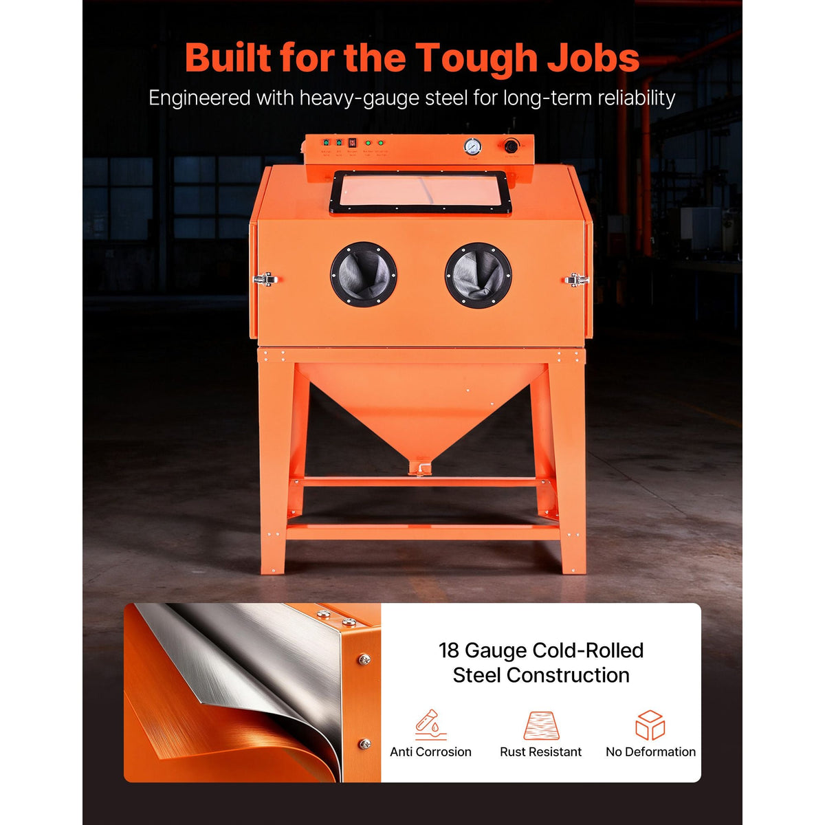 115 Gallon Sandblasting Cabinet, Heavy Duty Steel Sand Blasting Cabinet with 31-Gallon Media Hopper, Dual Blasting Guns & 1.6HP Dust Collector for Oversized Parts Surface Finishing, Rust Removal