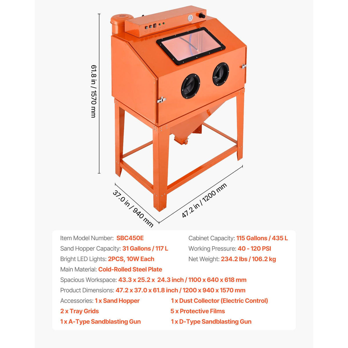115 Gallon Sandblasting Cabinet, Heavy Duty Steel Sand Blasting Cabinet with 31-Gallon Media Hopper, Dual Blasting Guns & 1.6HP Dust Collector for Oversized Parts Surface Finishing, Rust Removal