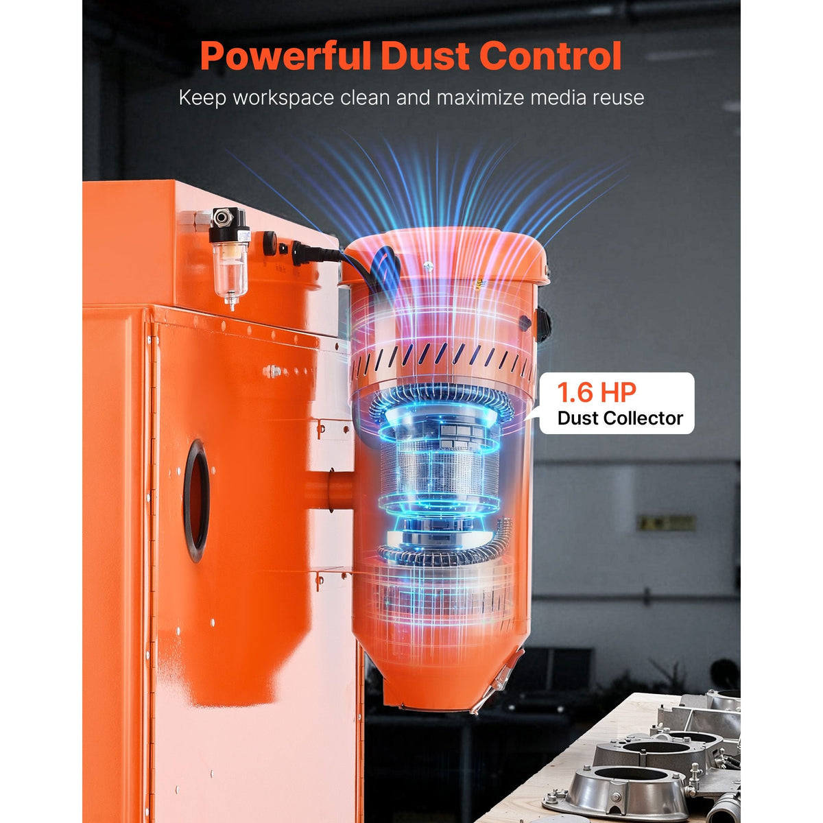 115 Gallon Sandblasting Cabinet, Heavy Duty Steel Sand Blasting Cabinet with 31-Gallon Media Hopper, Dual Blasting Guns & 1.6HP Dust Collector for Oversized Parts Surface Finishing, Rust Removal