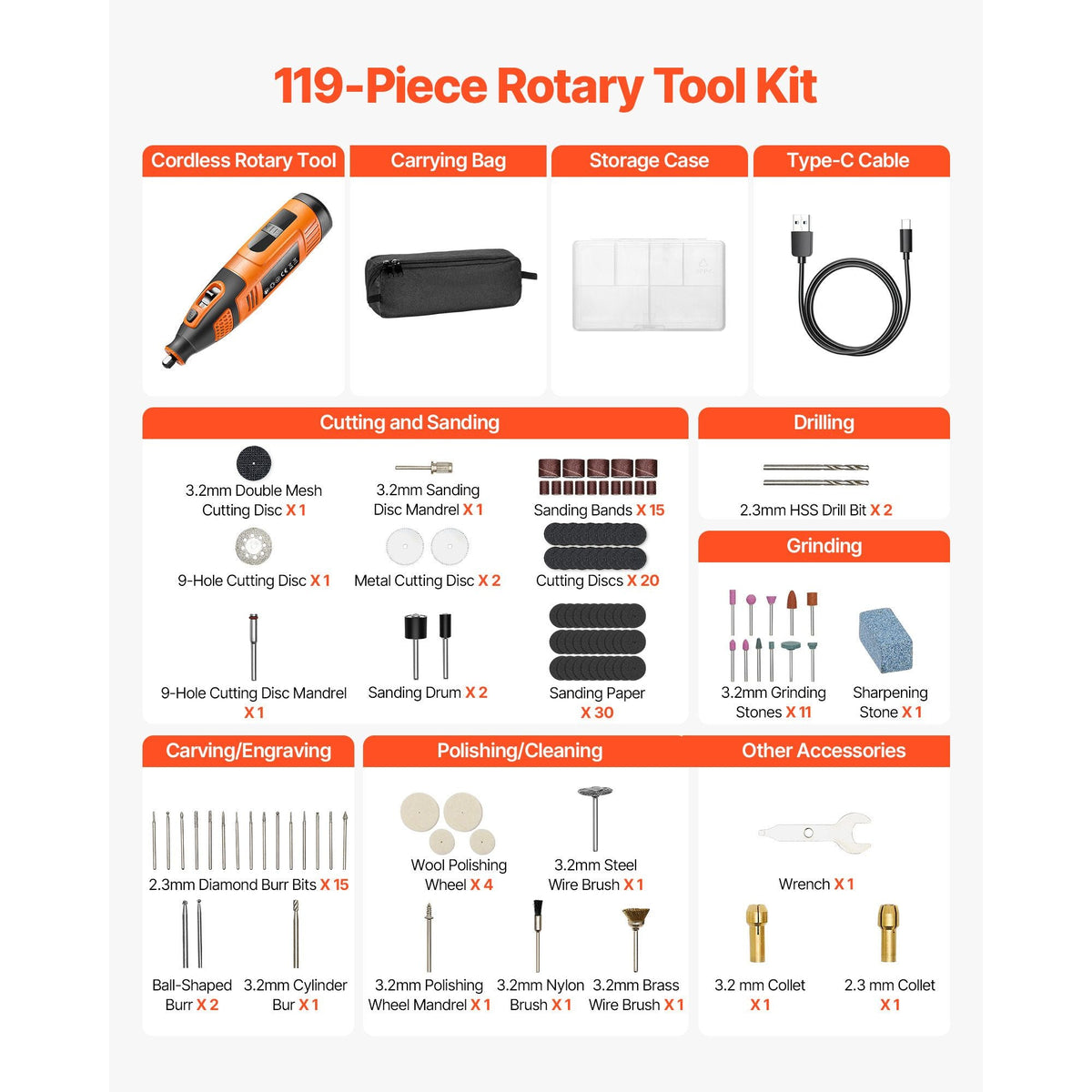 119-Piece Cordless Rotary Tool Kit, DC12V Portable Mini Power Rotary Tool, 28-Level Speed 5000-32000 RPM Multi-Purpose DIY Tools for Engraving, Sanding, Polishing, Carving, Cutting, DIY Crafts